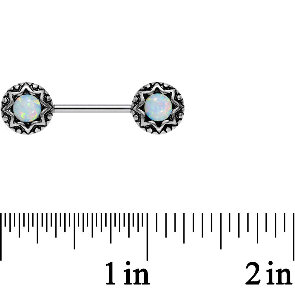 14G 5/8 White Synthetic Opal Lotus Flower Nipple Barbell Set