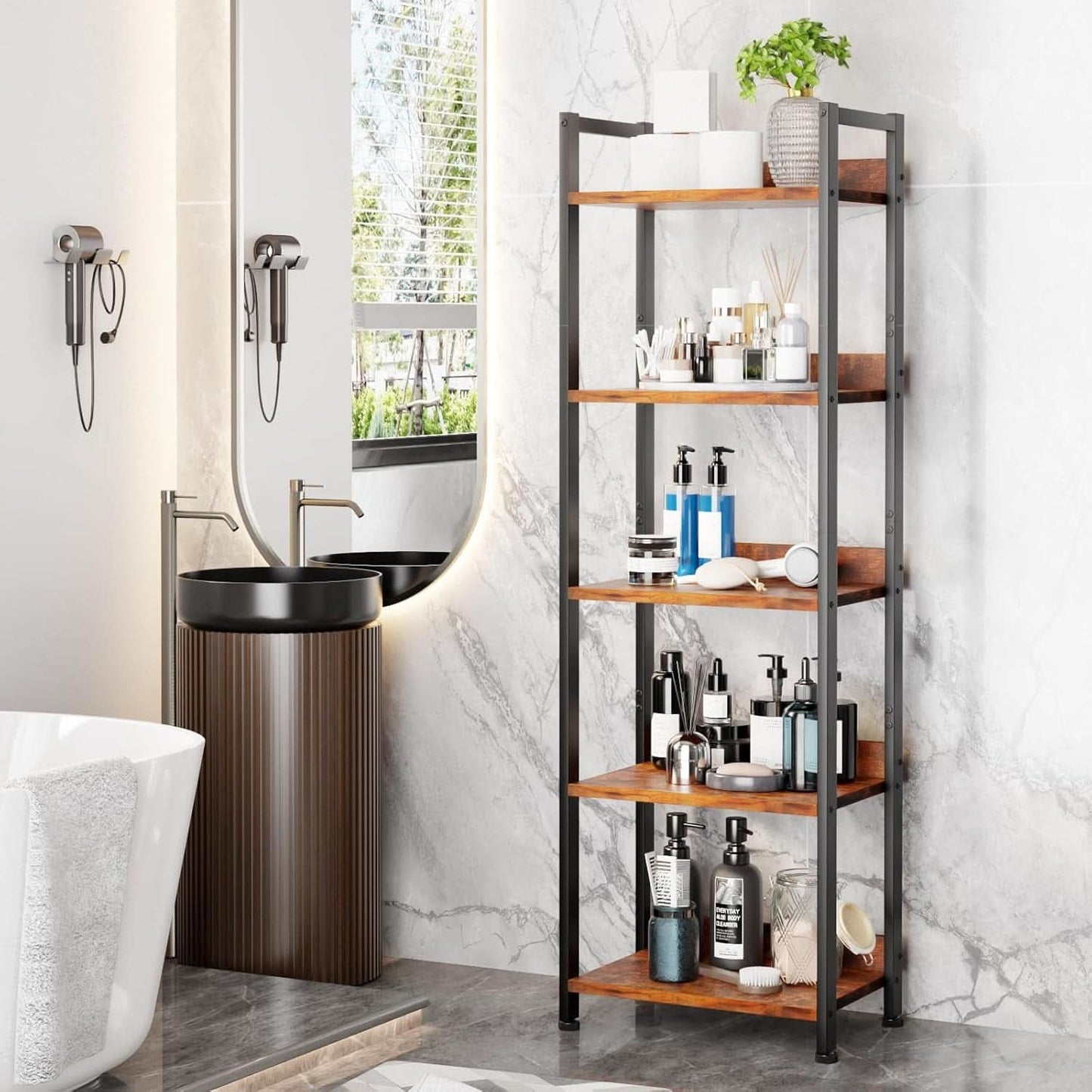 5 Tier Bookshelf With Drawer Tall Narrow Wood Bookcase