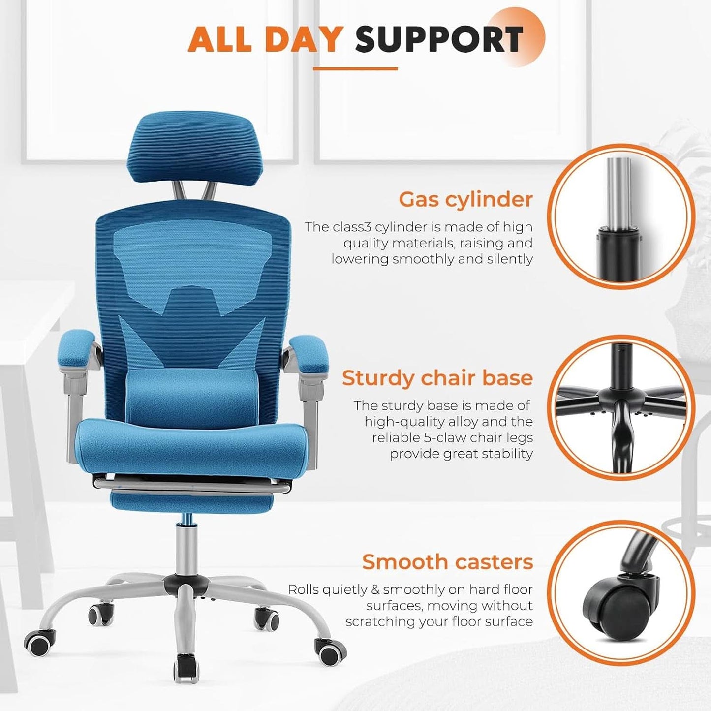 Blue Ergonomic Mesh Office Chair With Lumbar Support