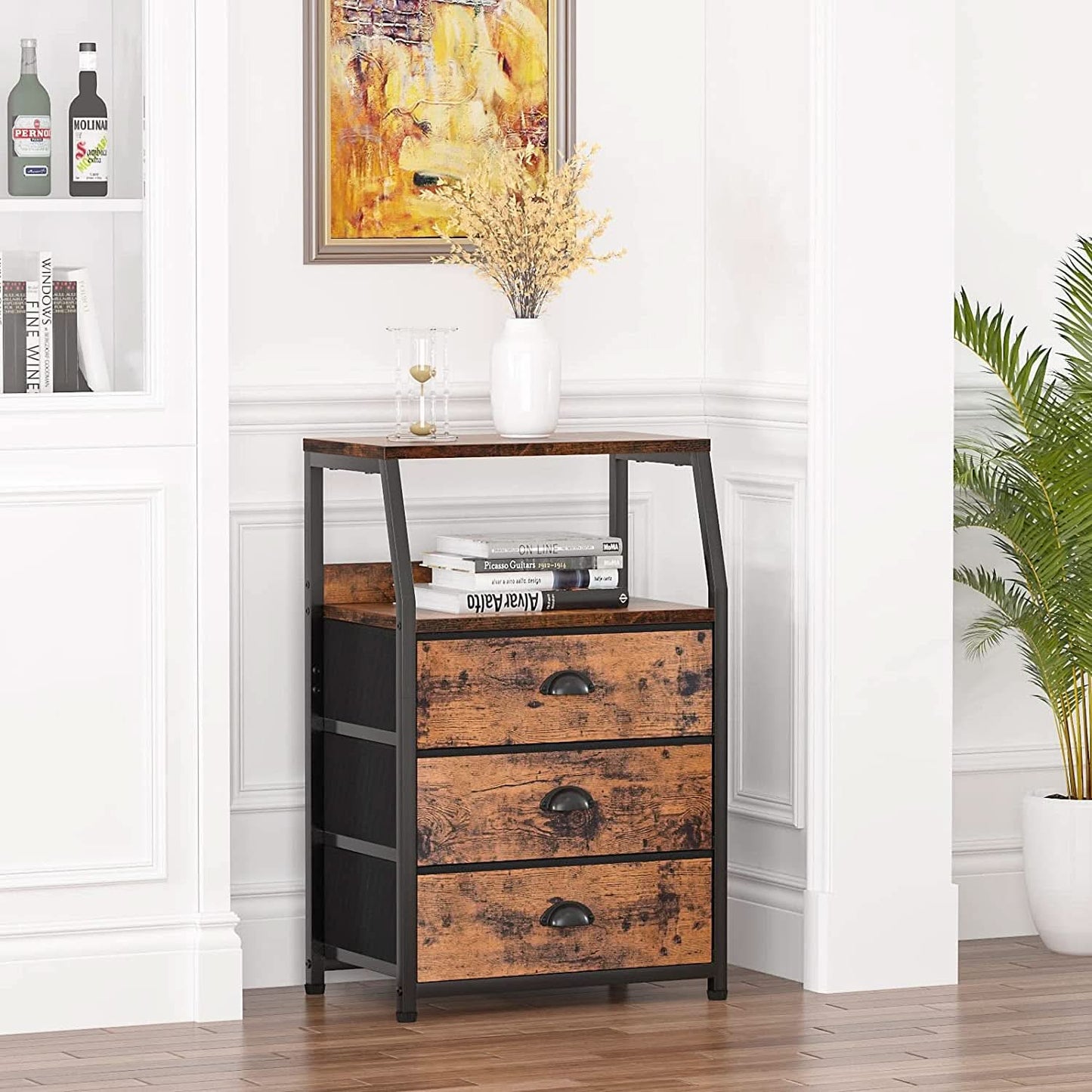 3-Drawer Nightstand With 2-Tier Shelf And Wood Top Bedroom
