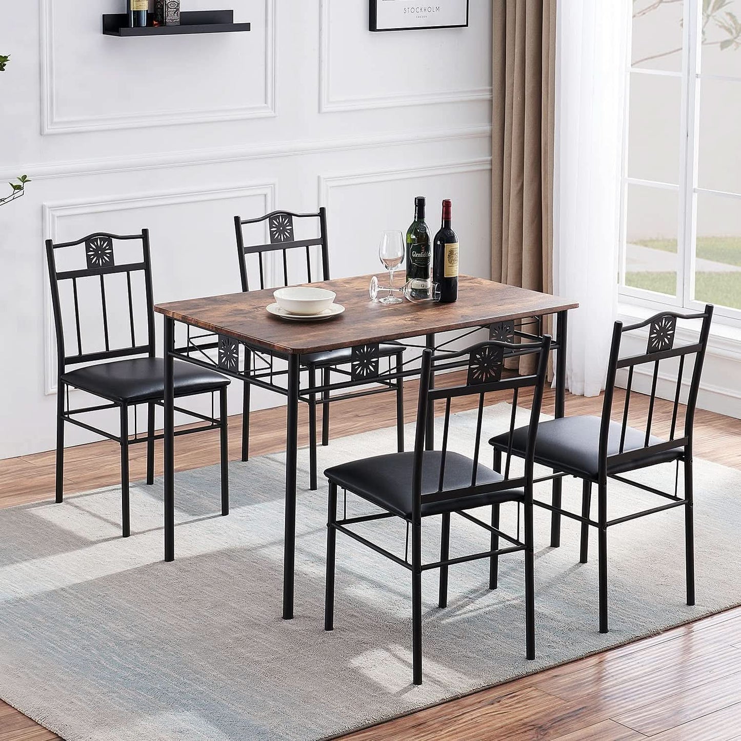 Dining Table Set For 4 With Wood Top Table And Stowable Chairs In Retro Brown