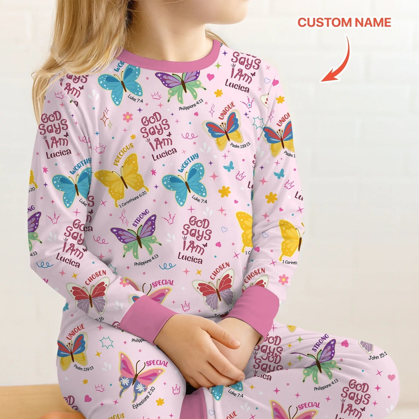 God Says I Am Custom Name Girl Two Piece Long Sleeve Pajama Set