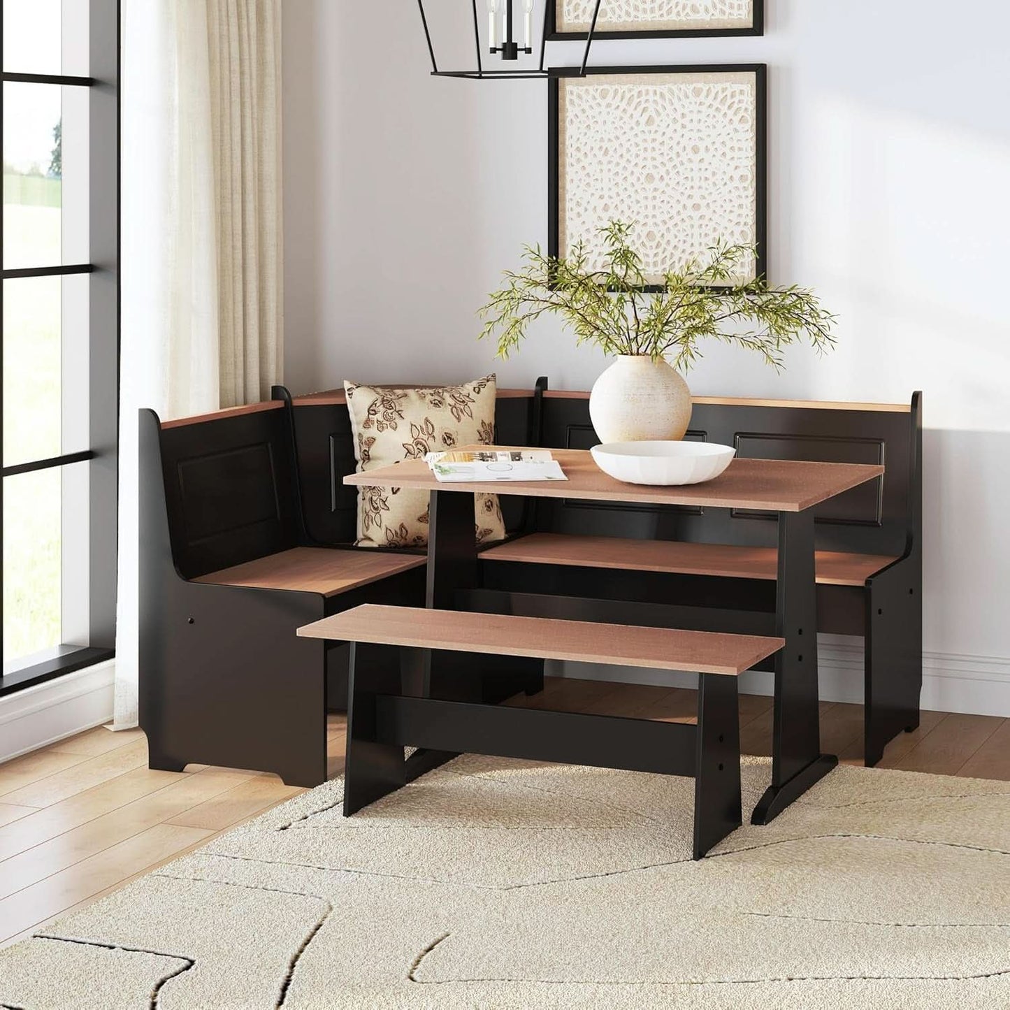 Black Pecan Five Seat Dining Set With Storage Benches