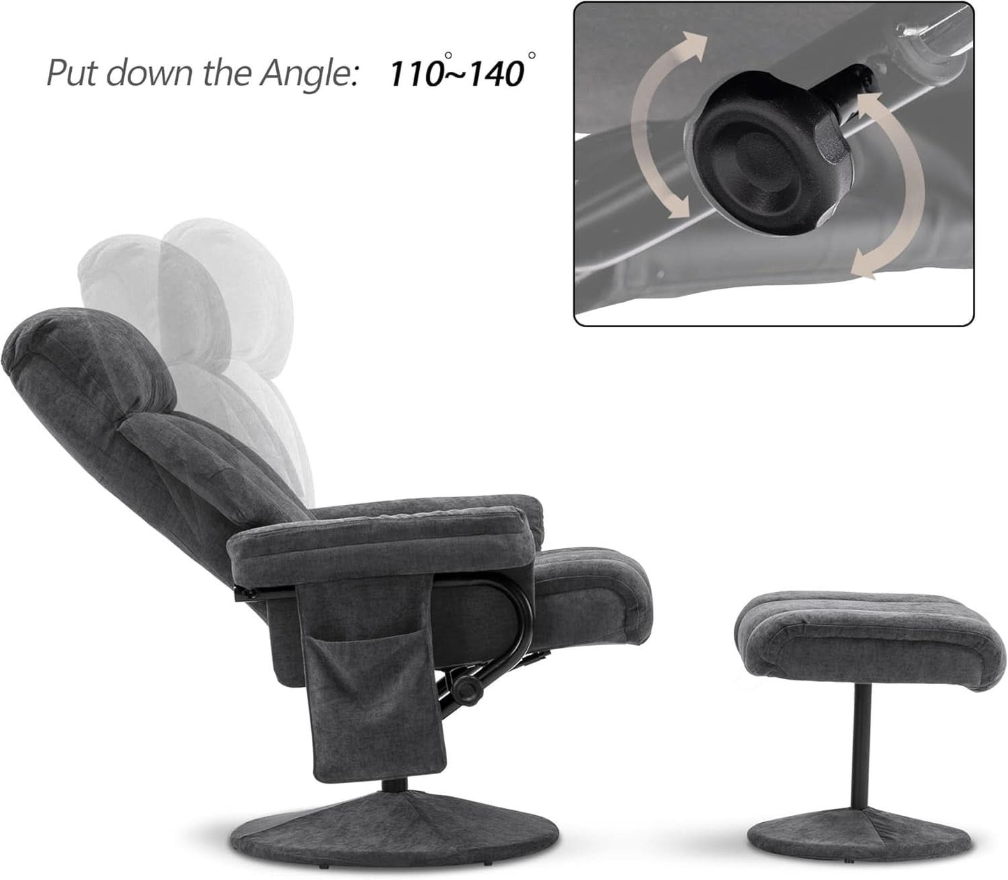 Dark Grey Swivel Recliner With Ottoman Vibration Massage