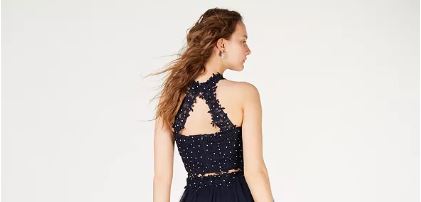 Say Yes to the Prom Juniors Rhinestone Applique Gown Top, Navy, Size 13