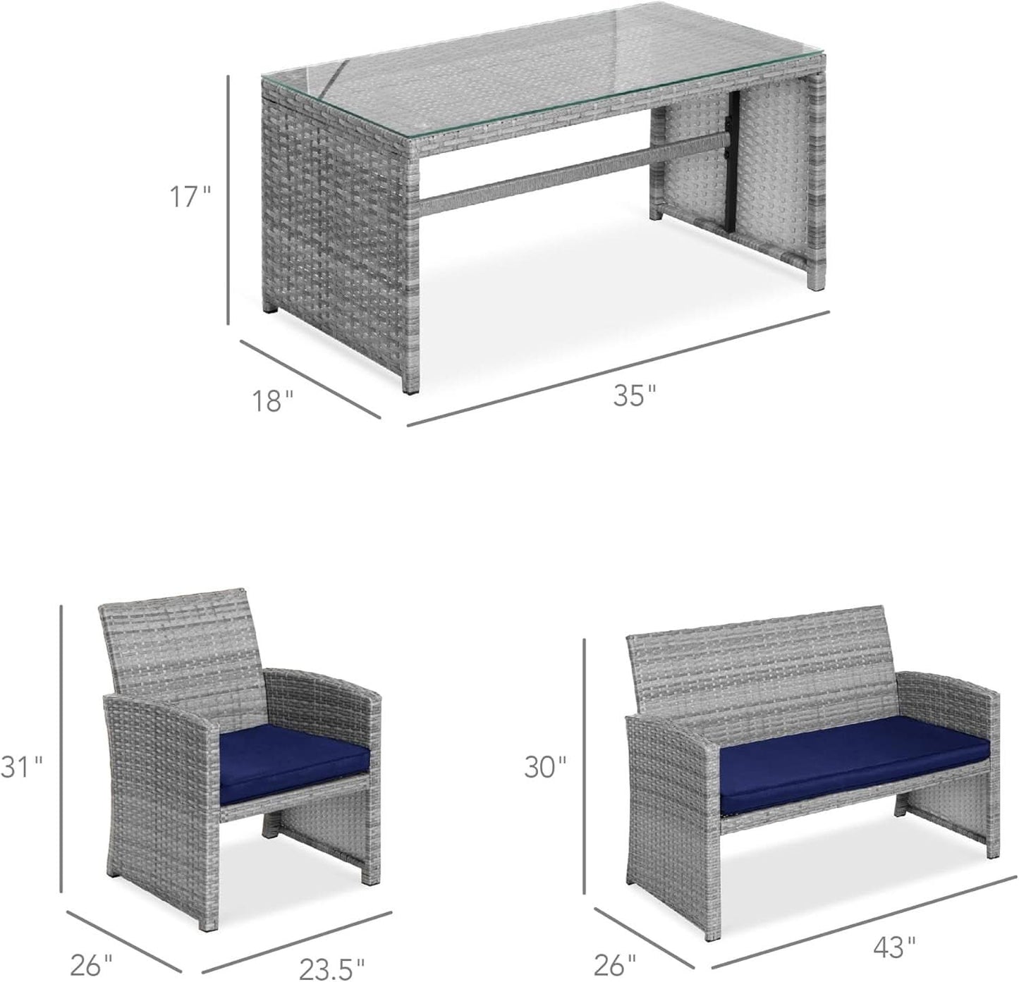 4 Piece Gray Navy Wicker Patio Conversation Set With Coffee Table