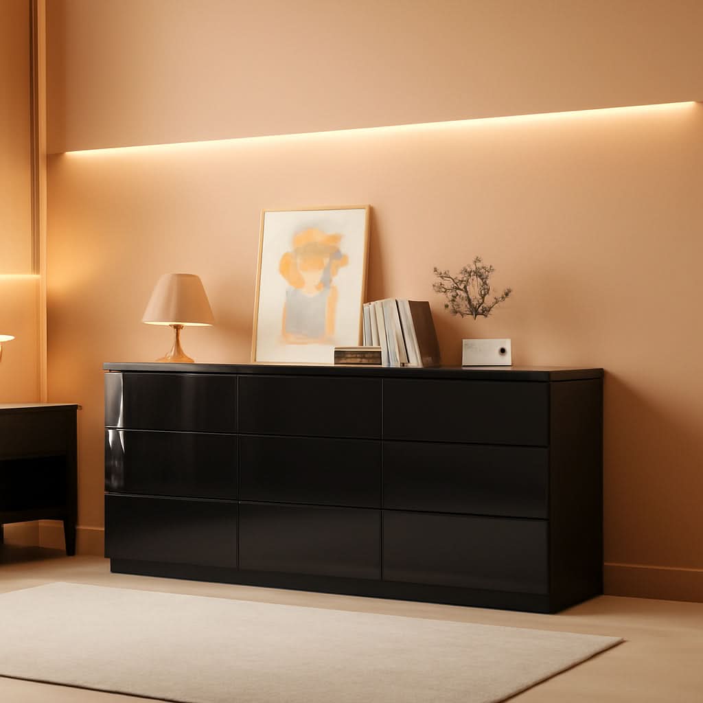 70 Inch Black Dresser With Built In Power Outlets Storage