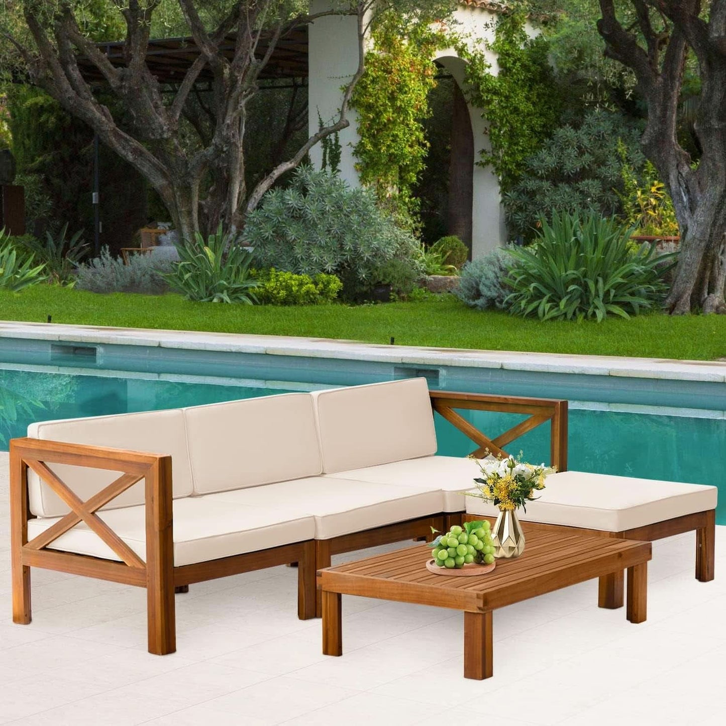 Acacia Wood Outdoor 5 Piece Patio Set With Cushions