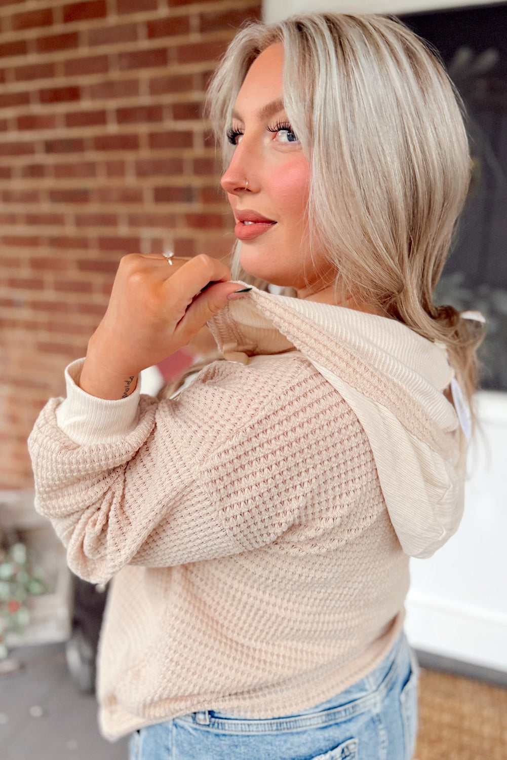 River Waffle Hooded Long Sleeve Top