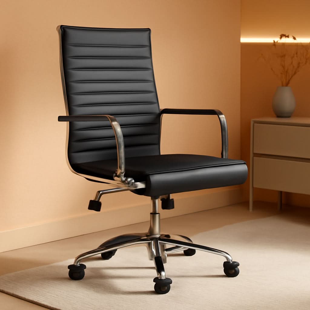 Ribbed Mid Back PU Leather Desk Chair Adjustable Black