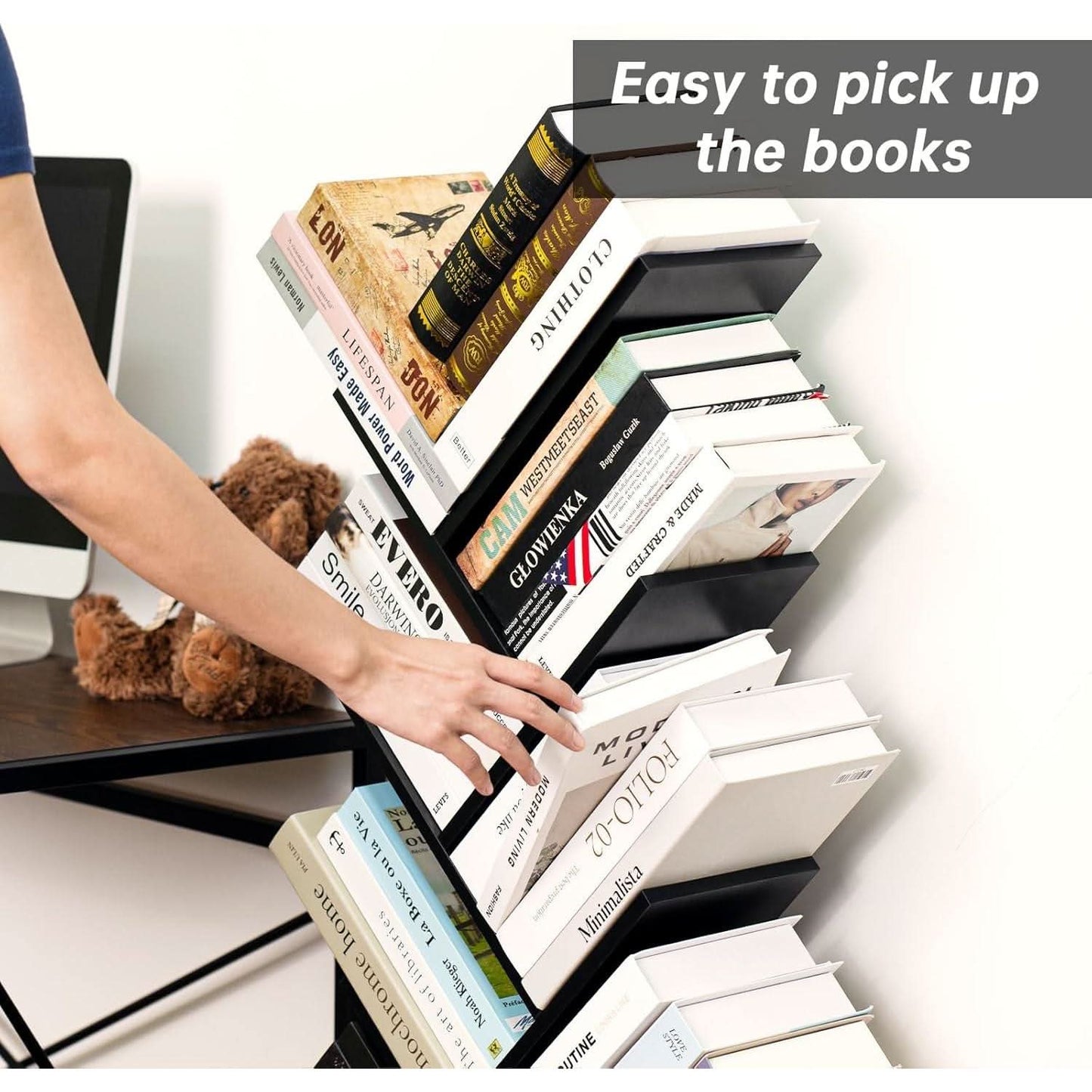 8 Tier Tree Bookshelf Drawer Freestanding Black Bookcase