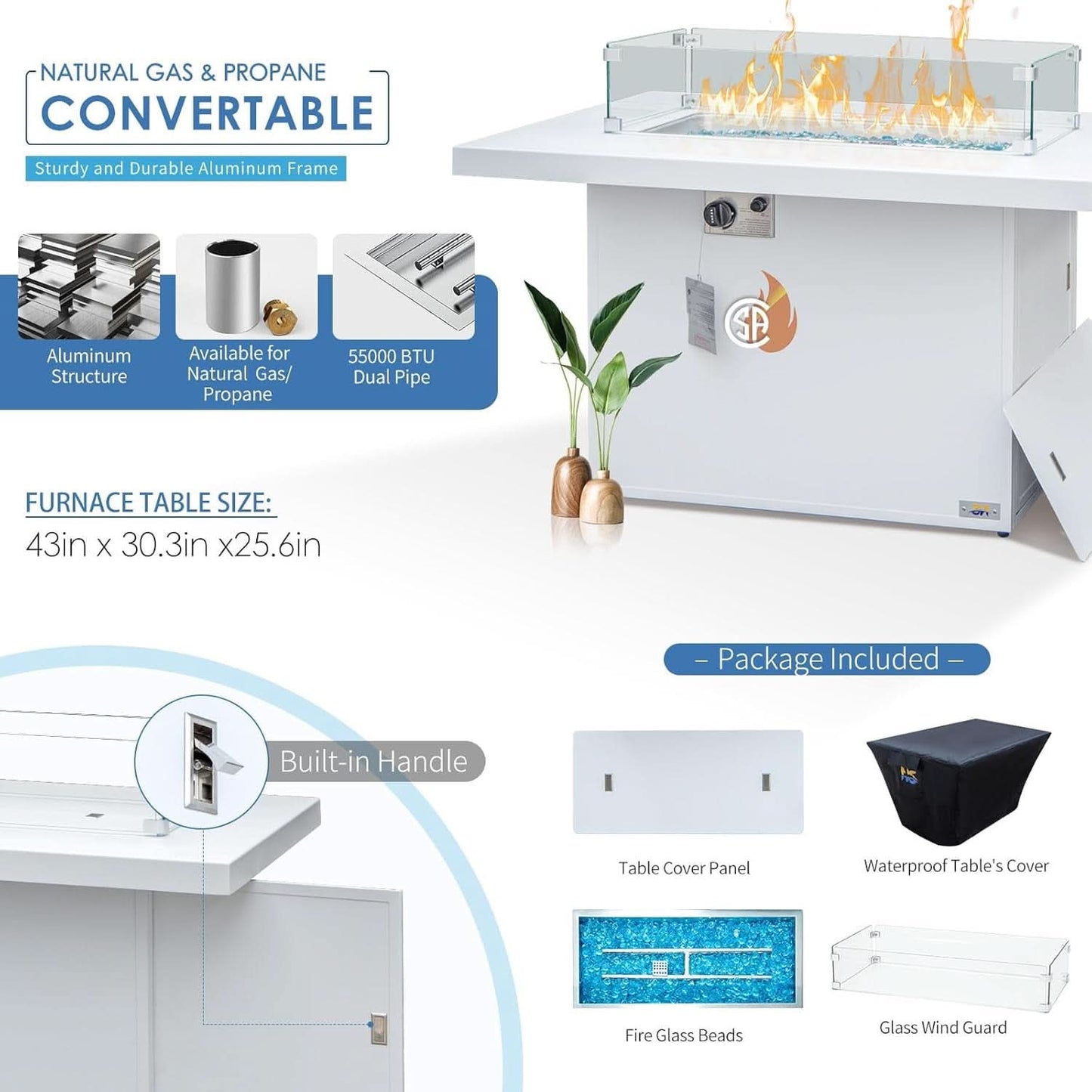 White Aluminum Outdoor Patio Furniture Set With Fire Pit