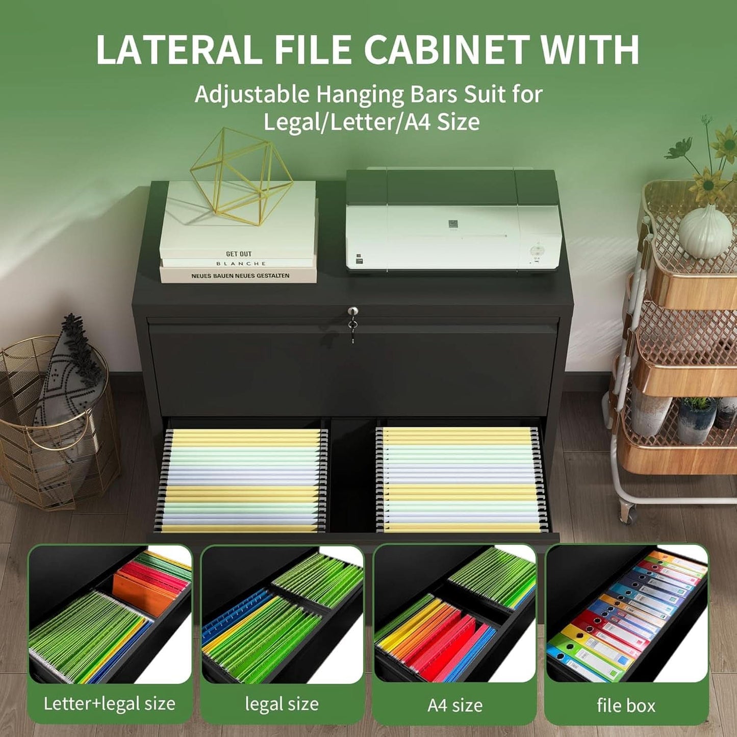 Black Lateral File Cabinet With Lock For Home Office