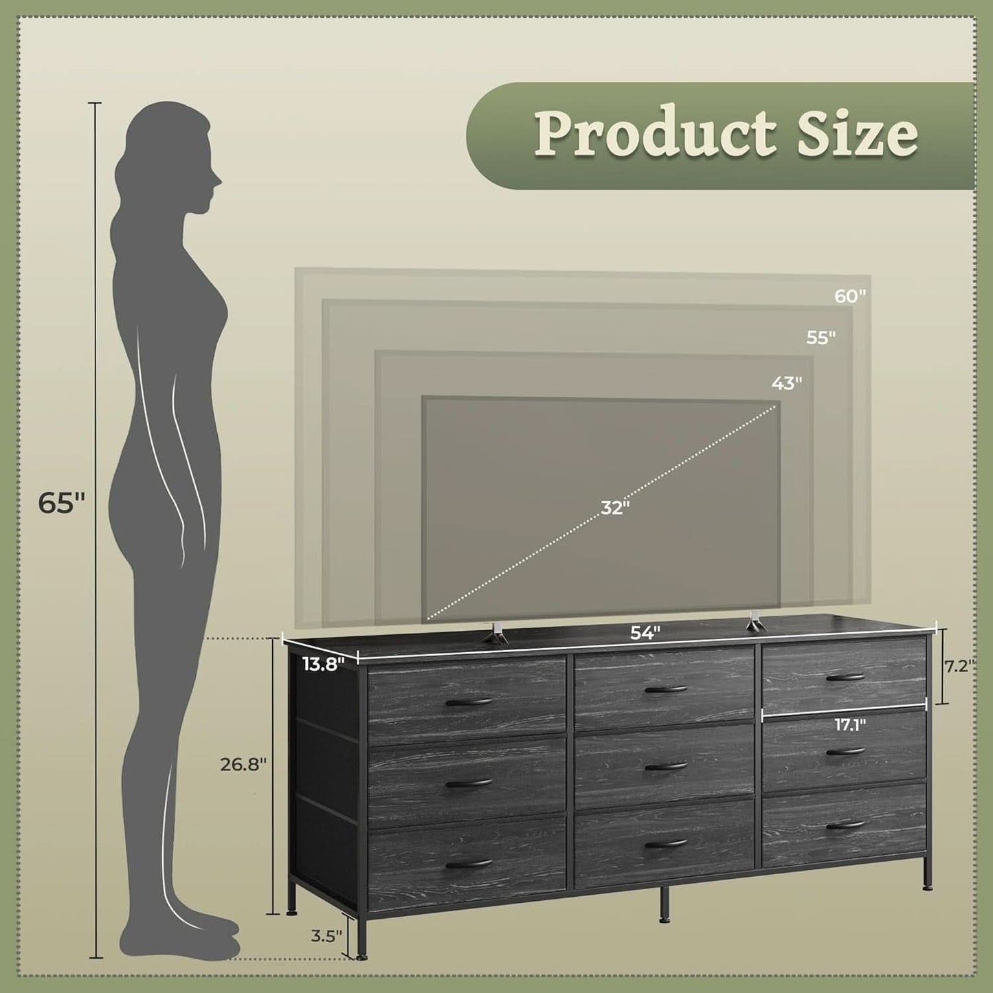 9 Drawer Dresser TV Stand 55 Inch Charcoal Black Wood Grain