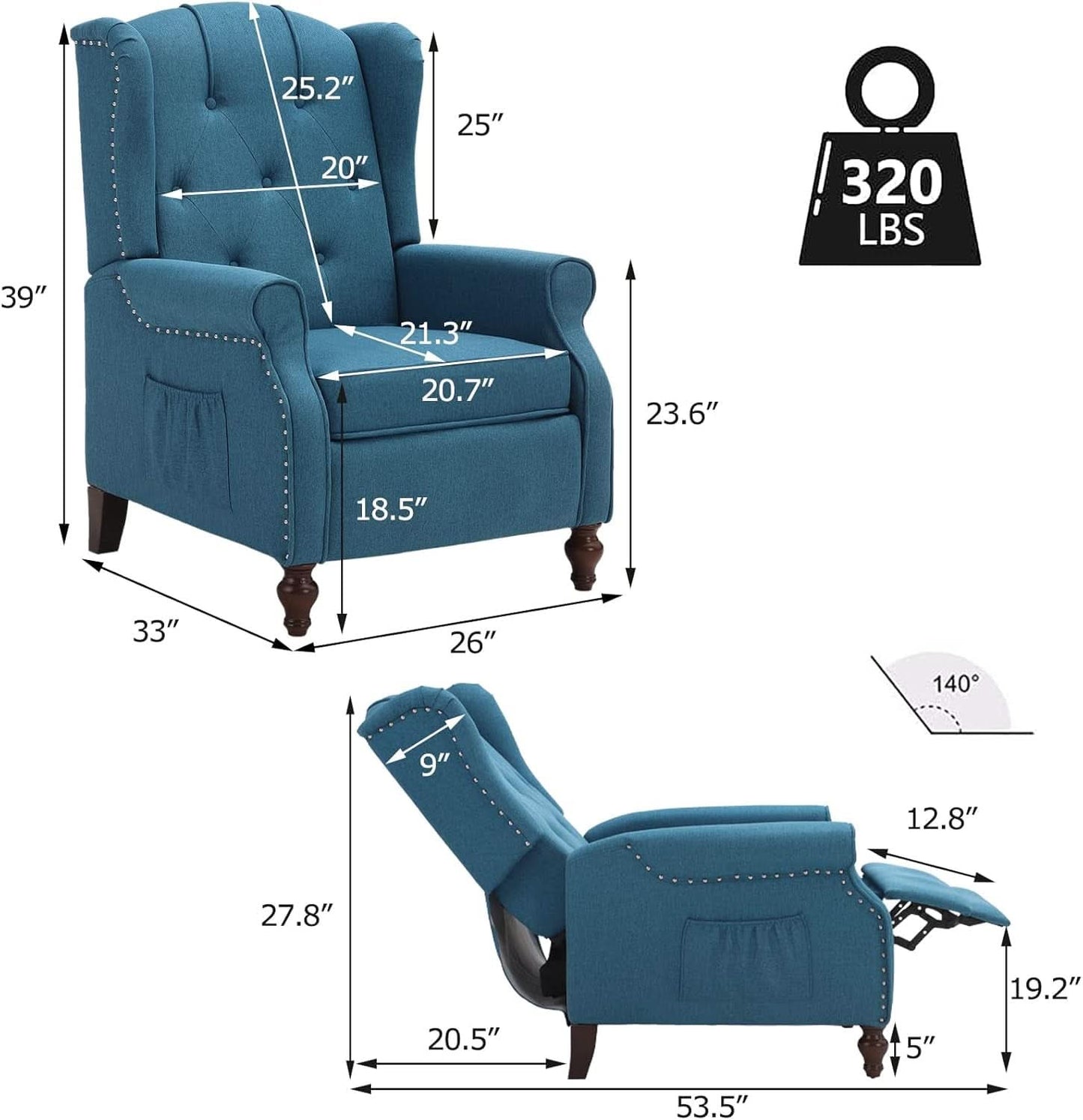 Wingback Recliner Chair With Massage And Heat Tufted Fabric