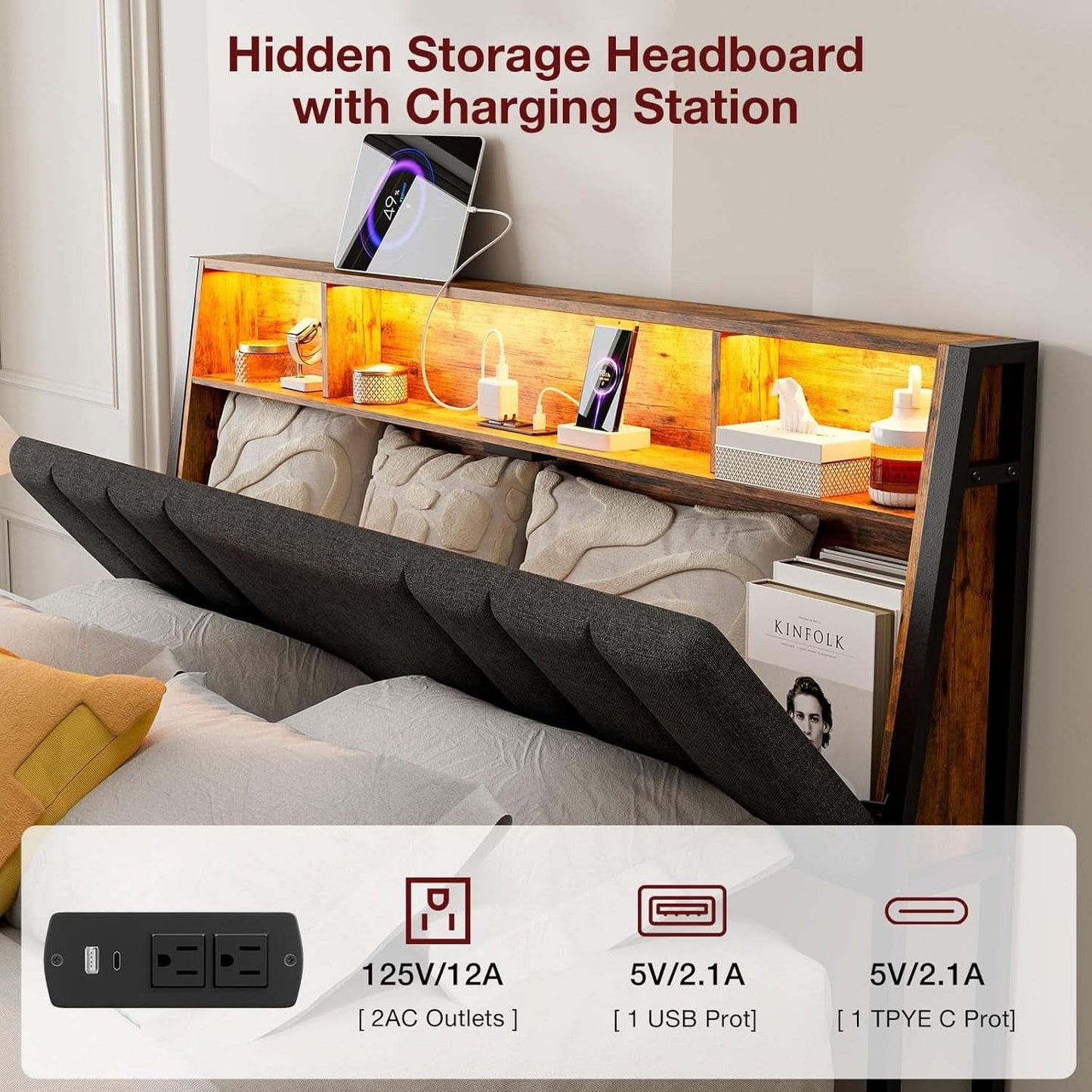Ergonomic Queen Size Headboard with LED Lights Storage