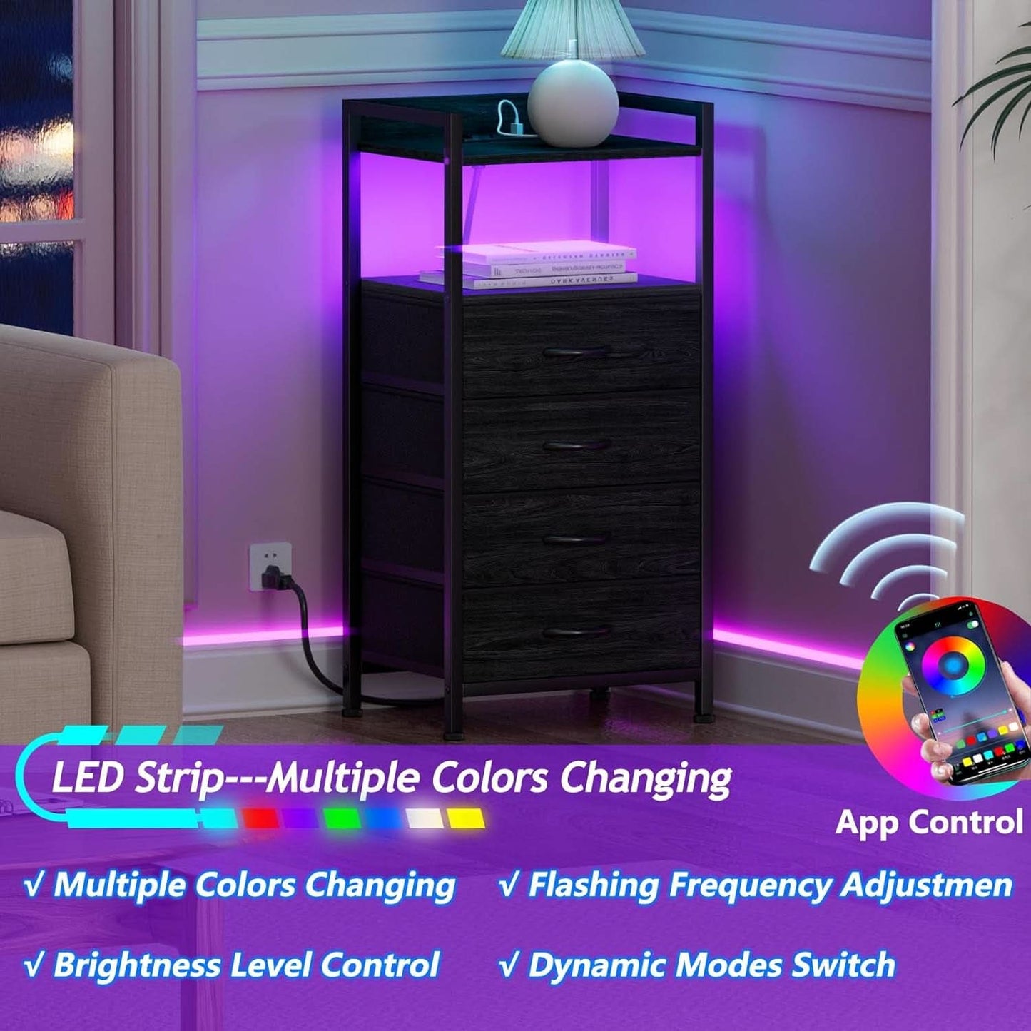 Black Nightstand With LED Lights And Built In Charging