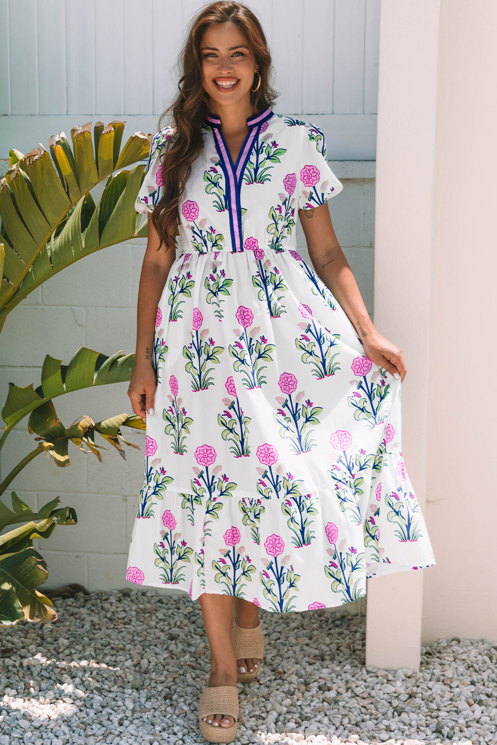 Julietta Floral Puff Short Sleeve V Neck High Waist Maxi Dress