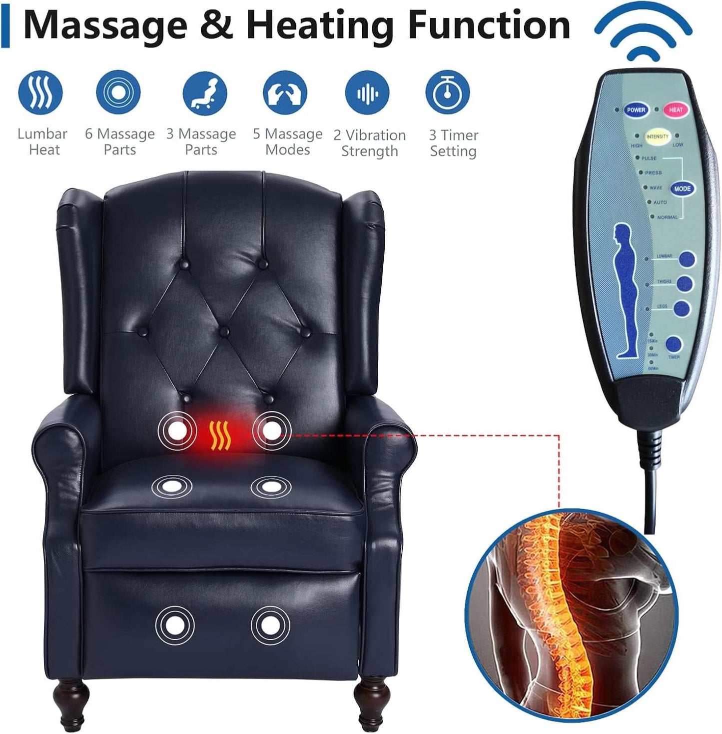 Wingback Recliner Chair With Massage And Heat PU Leather