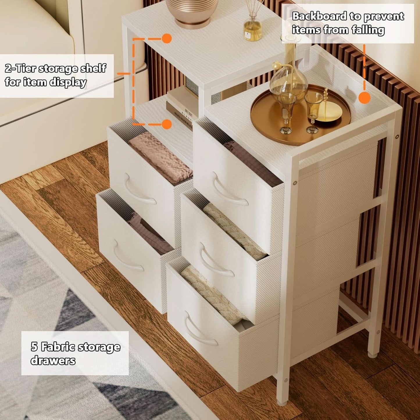 White 5 Drawer Dresser With Metal Frame Bedroom Storage