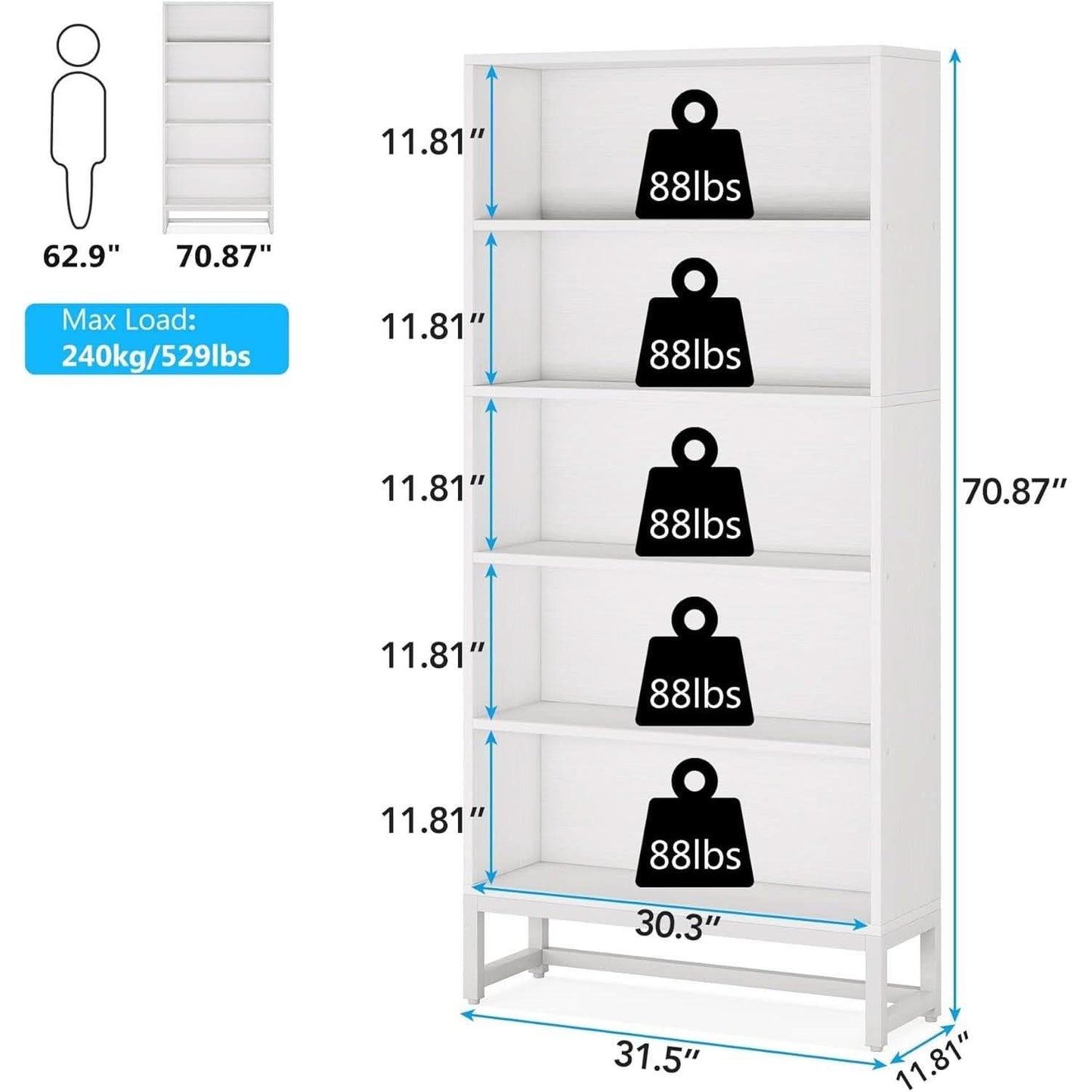 Tall 70.8 Inch Bookcase 5 Tier Heavy Freestanding White