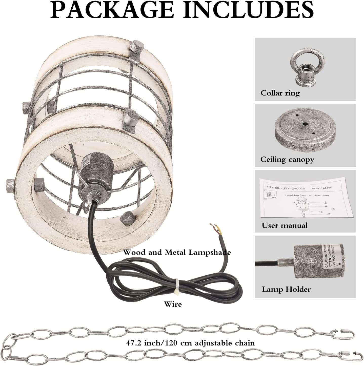 Retro Industrial Wood And Metal Round Cage Pendant Light 1 Light White