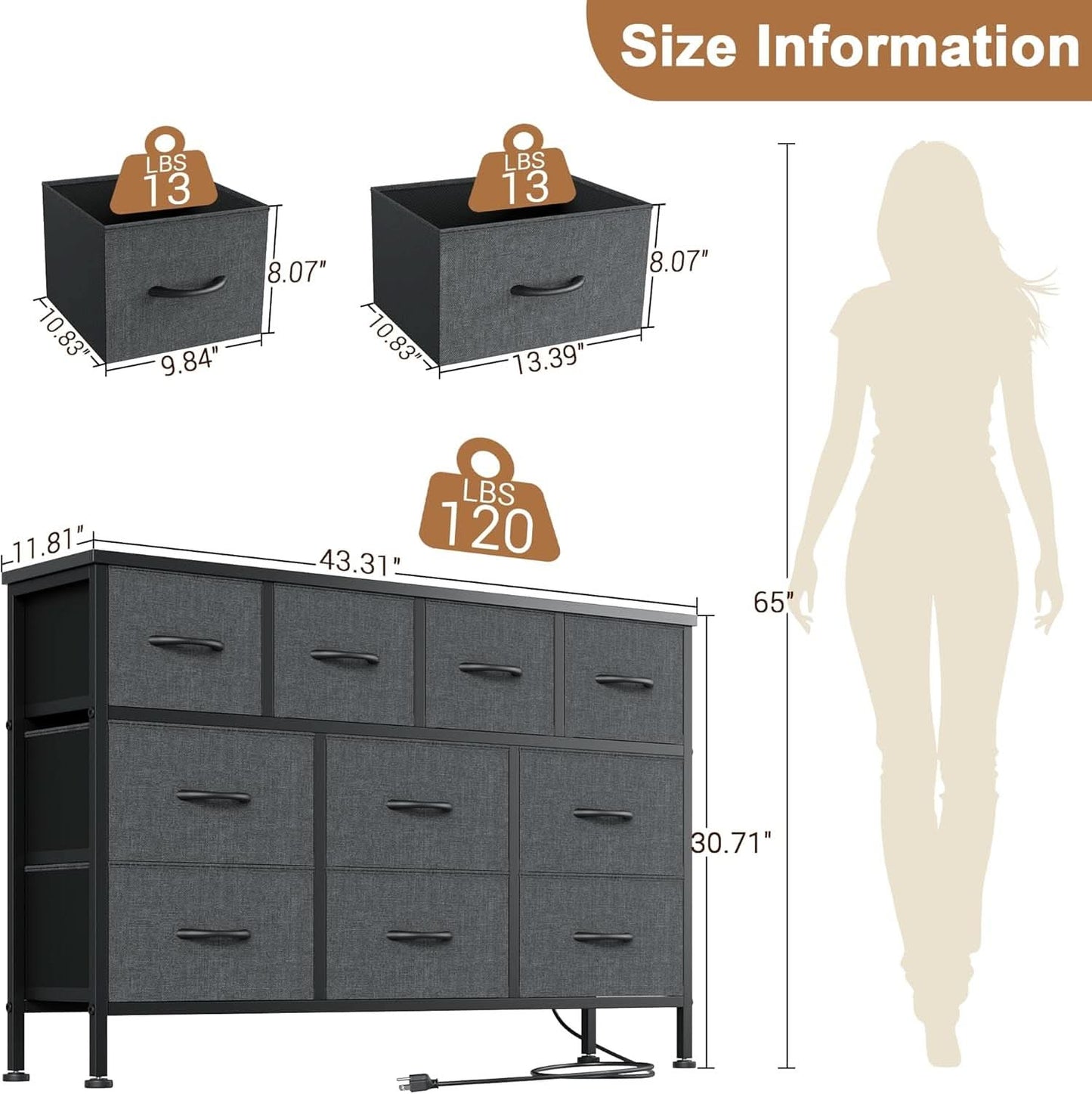 Grey 10 Drawer Dresser TV Stand With Power Outlets