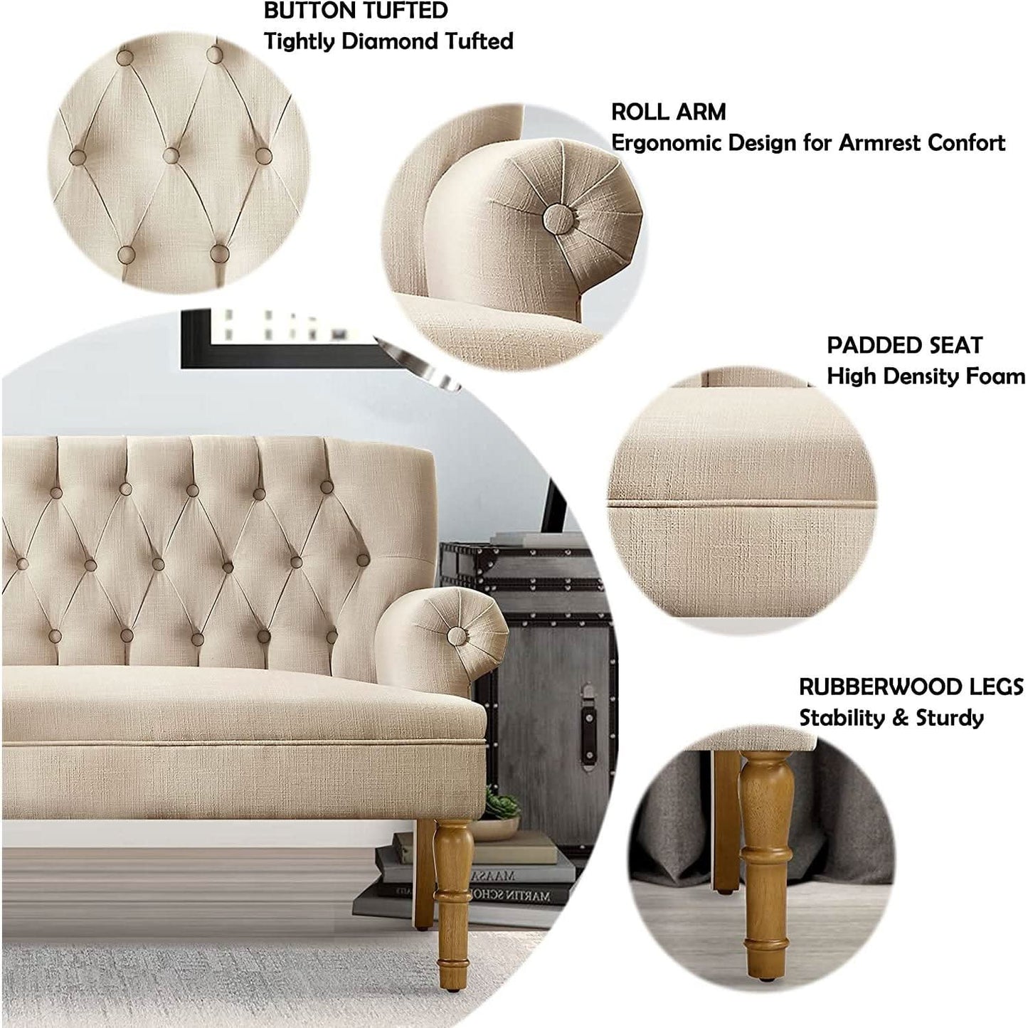 Warm Beige Tufted Loveseat Sofa Set With Rolled Arms And Linen Fabric