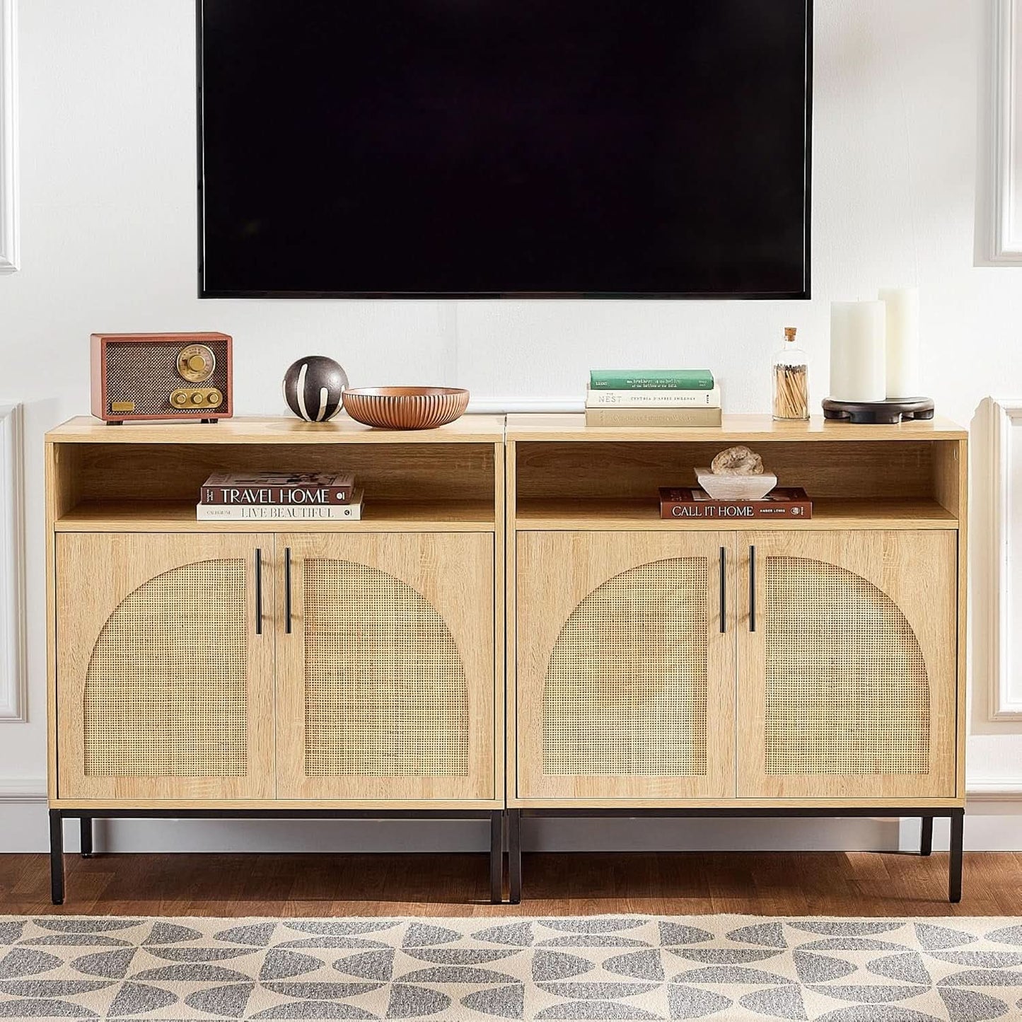 Rattan Sideboard Buffet Cabinet Natural Color Cord Cutout