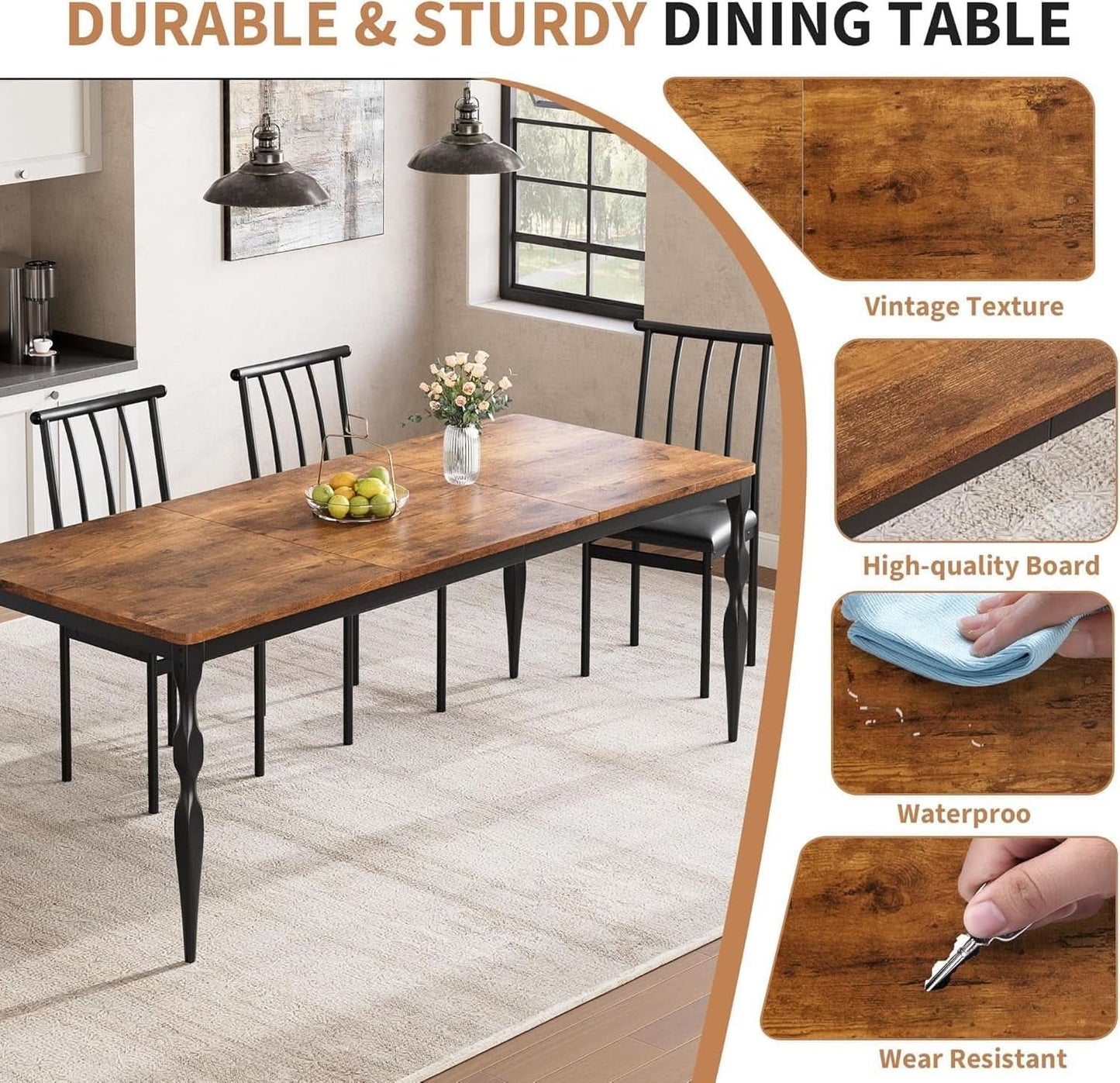 71 Inch Brown Farmhouse Rectangular Dining Table Durable