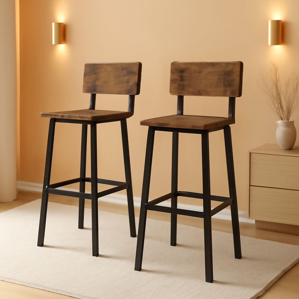 Tall Industrial Rustic Bar Stools Set Of 2 With Backrest
