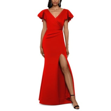 Betsy & Adam Ruffled-Sleeve Slit Scuba Gown, Size 8P