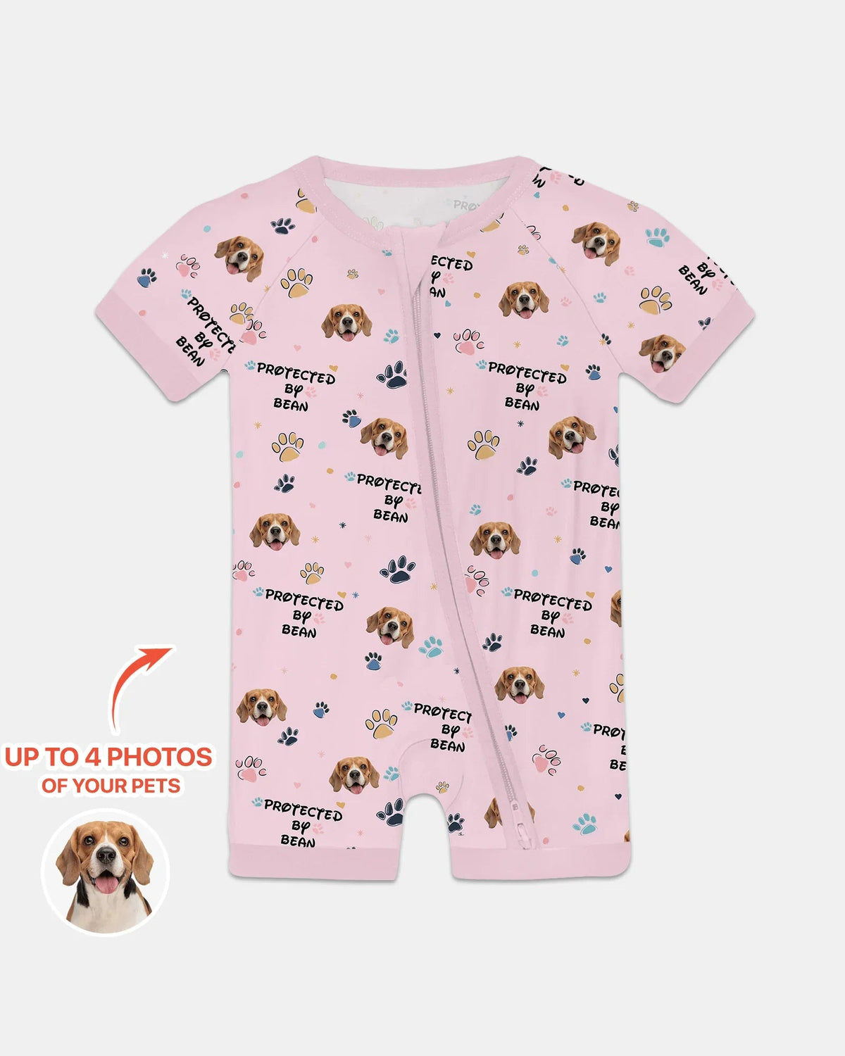 Custom Dog Photo Pattern "Protected By" Shorty Zippered Romper