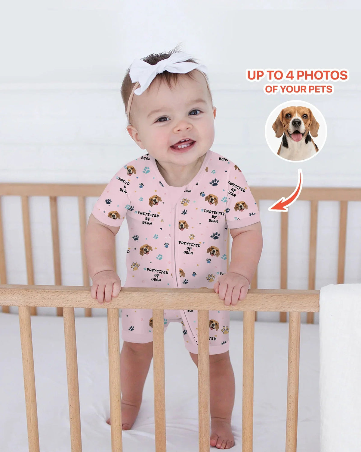 Custom Dog Photo Pattern "Protected By" Shorty Zippered Romper