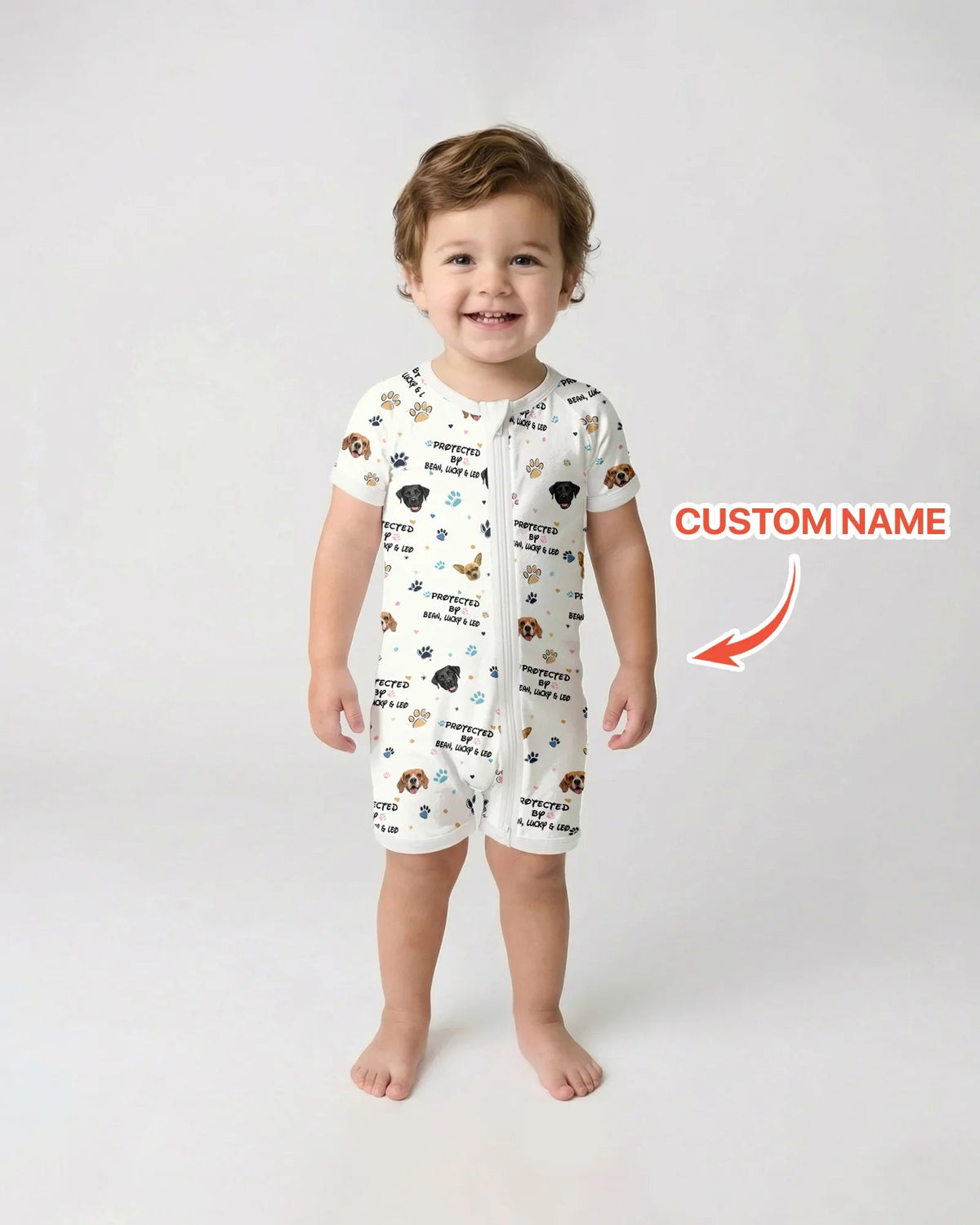 Custom Dog Photo Pattern "Protected By" Shorty Zippered Romper