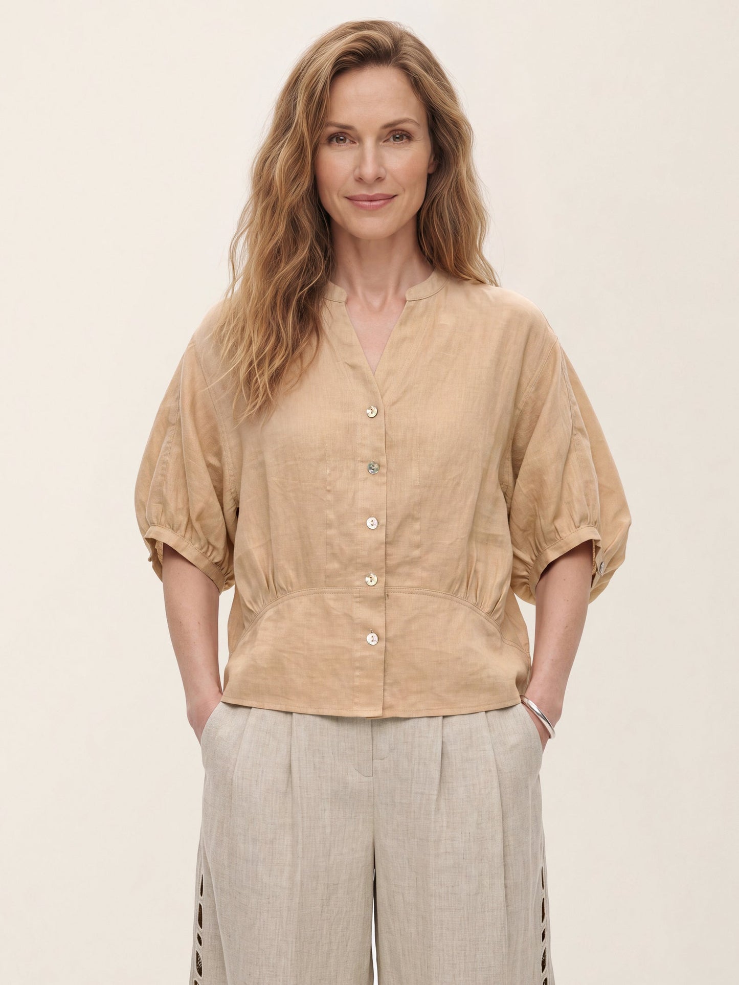 100% Linen Batwing Sleeve Peplum Shirt MIRELLA