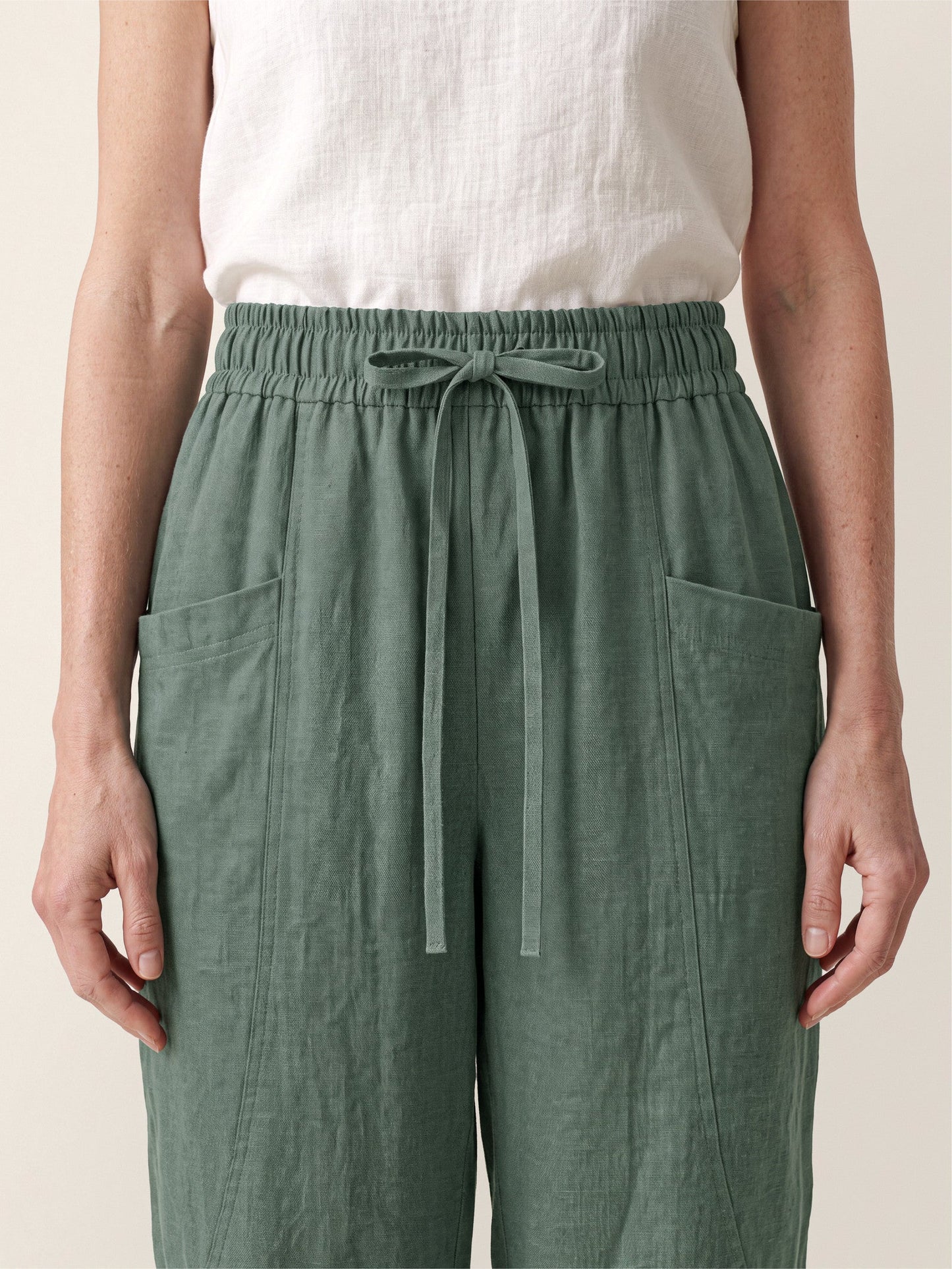 100% Linen Drawstring Utility Ankle Pants AMELINE