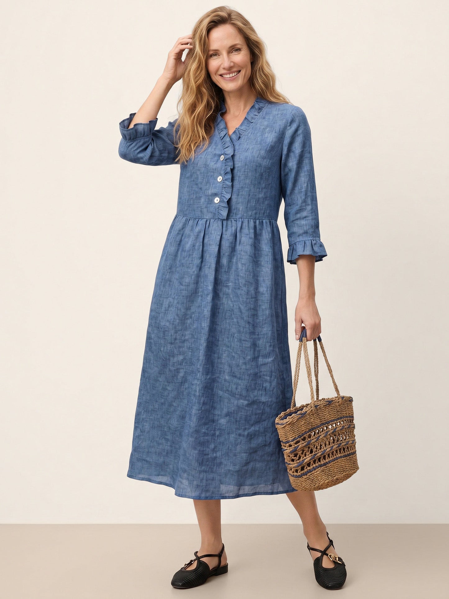 100% Linen Ruffle Placket A Line Midi Dress SAMARA