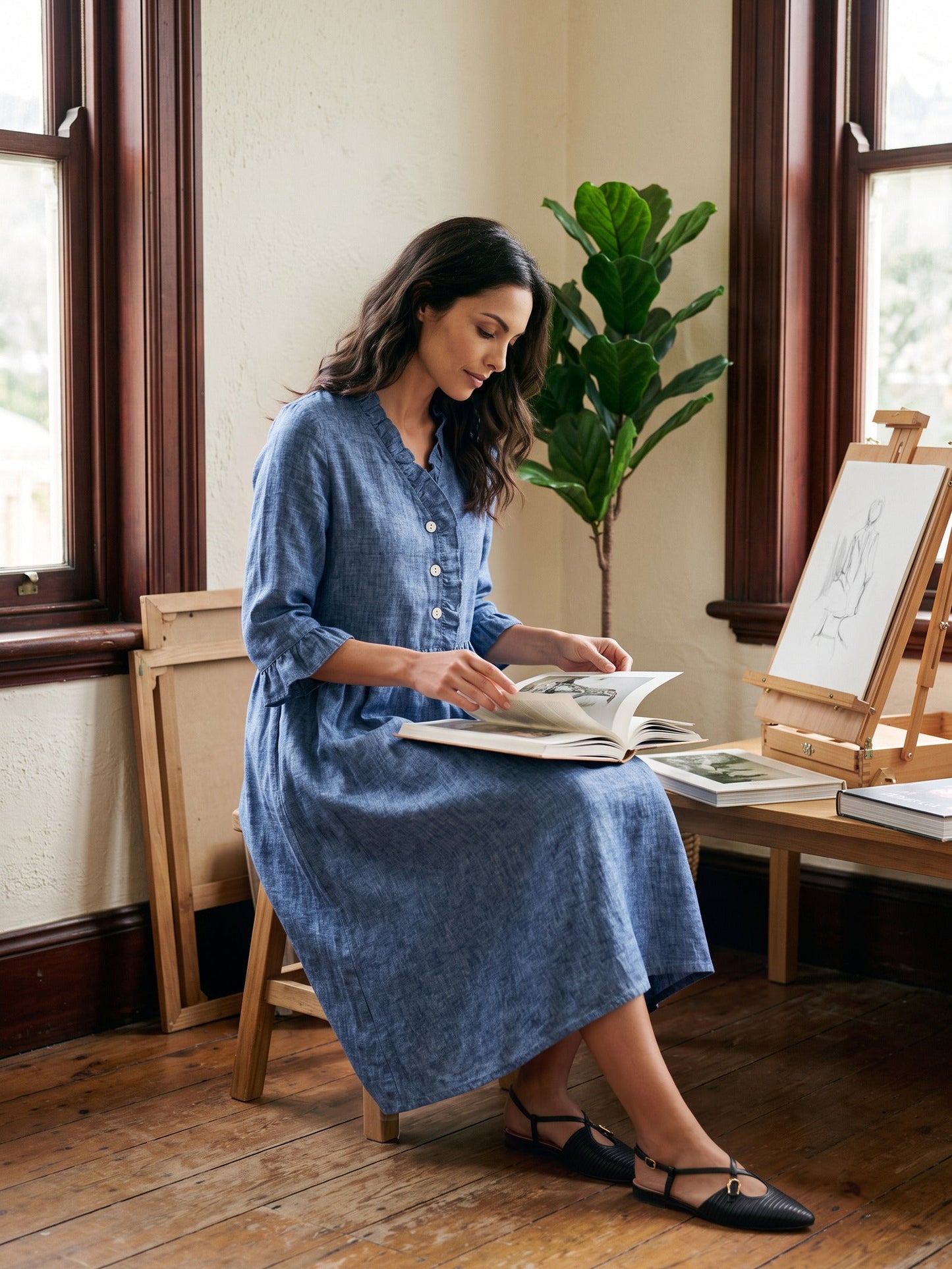 100% Linen Ruffle Placket A Line Midi Dress SAMARA
