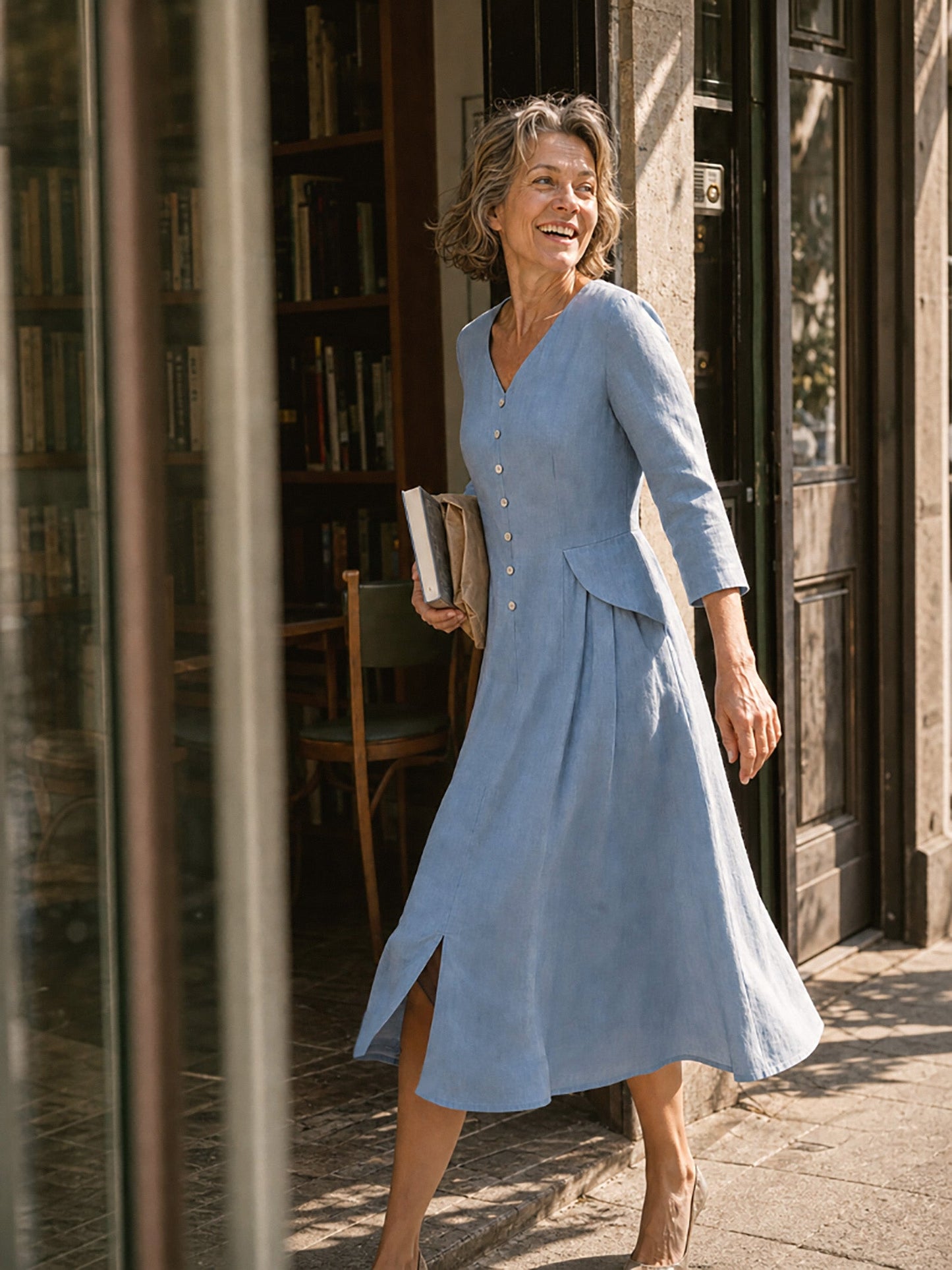 100% Linen Shell Button A Line Midi Dress ELIORA