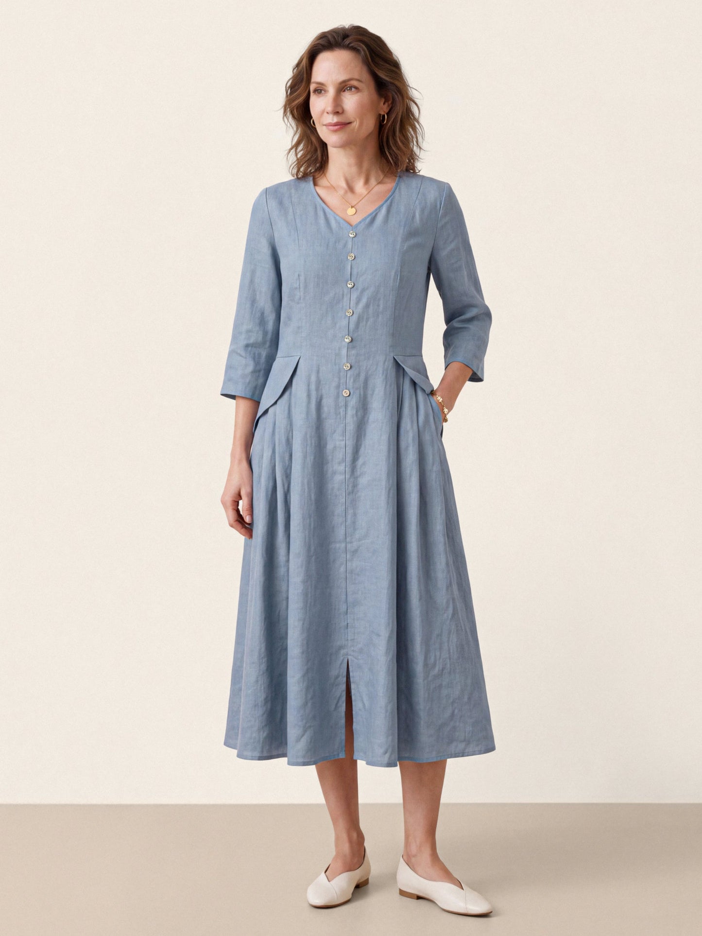 100% Linen Shell Button A Line Midi Dress ELIORA