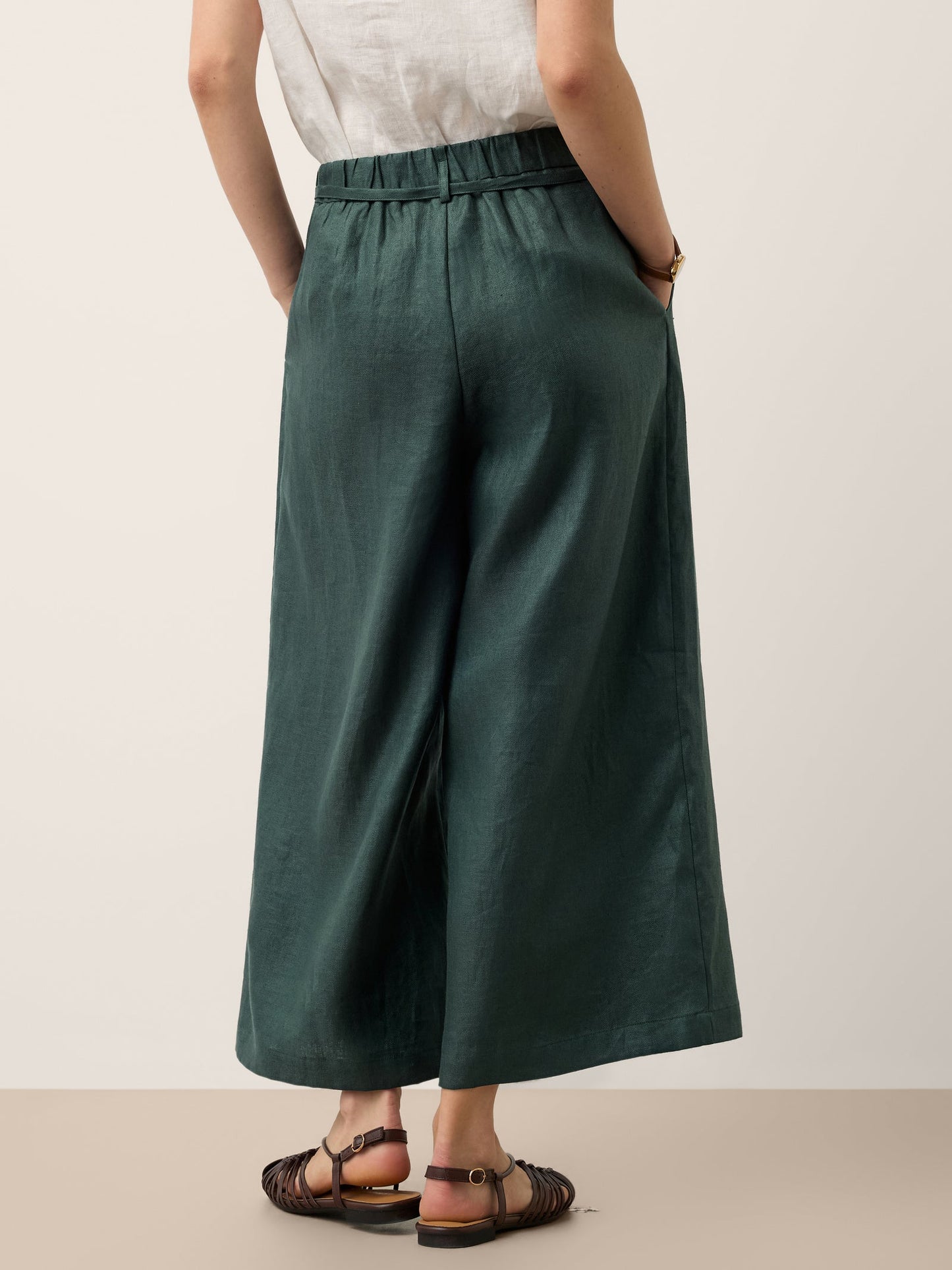 100% Linen Side Tie Elasticated Waist Wide Leg Cropped Pants CAMILLA