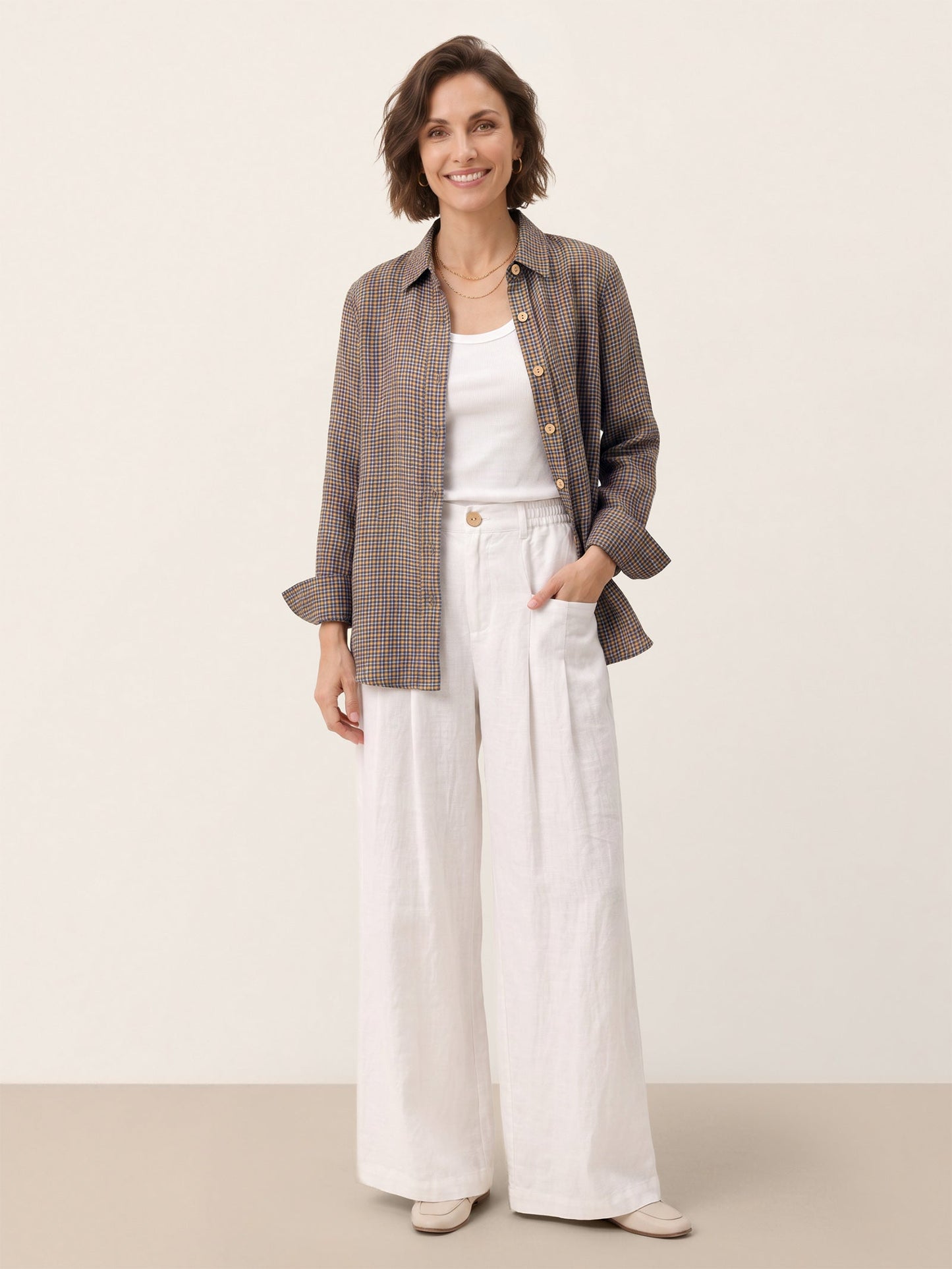 100% Linen Yarn Dyed Check Cuffed Sleeve Shirt VIANNE