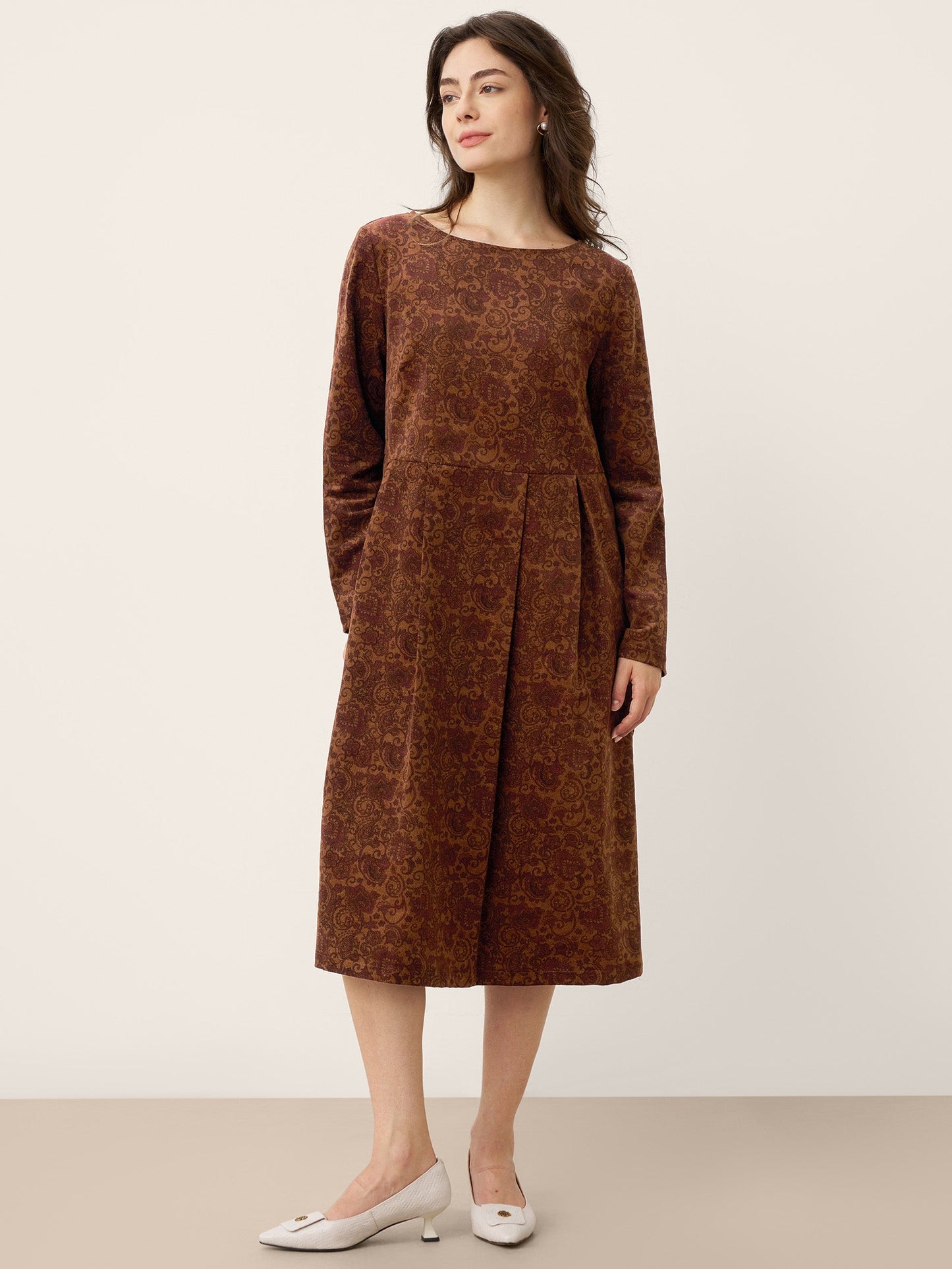 100% Organic Cotton Ruched Print Boat Neck Midi Dress CRESSIDA
