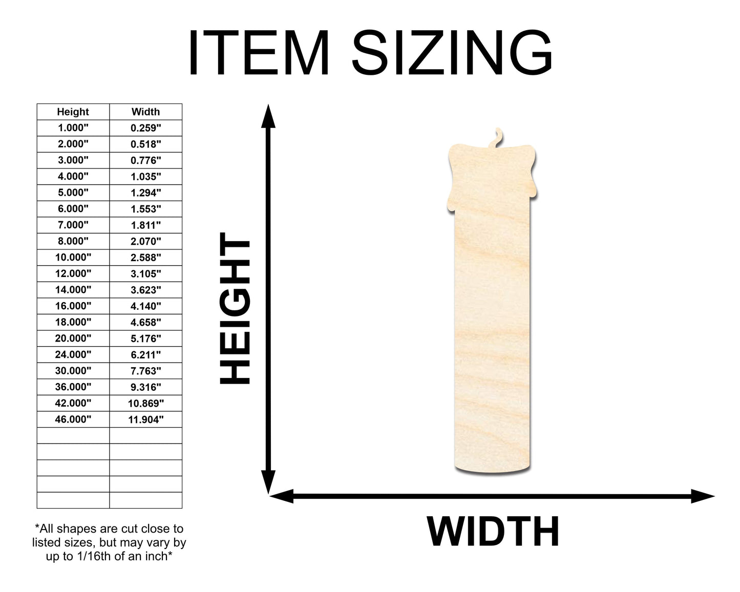 Unfinished Wood Candle Shape - Craft - up to 46"