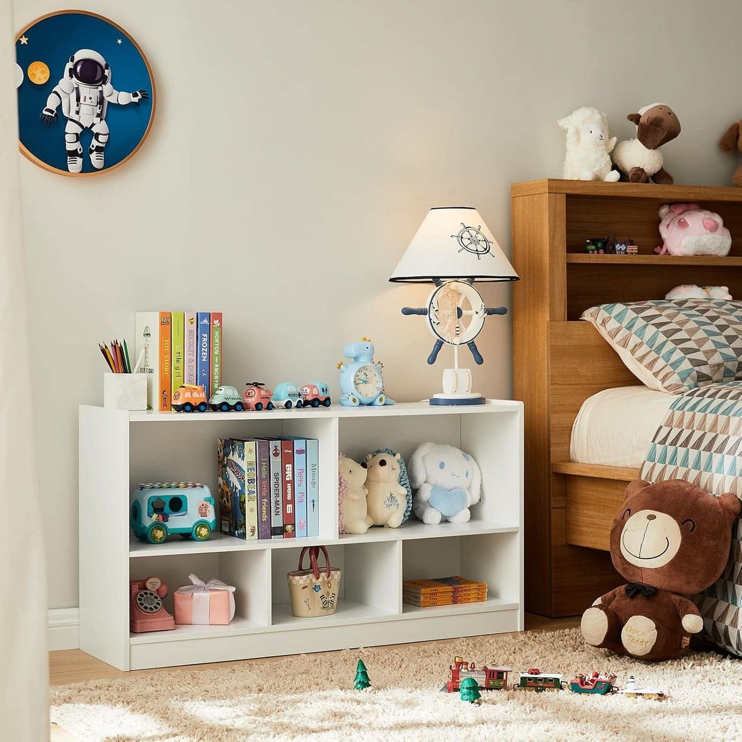 Wooden Toy Organizer and Bookshelf 5 Section Kid Storage