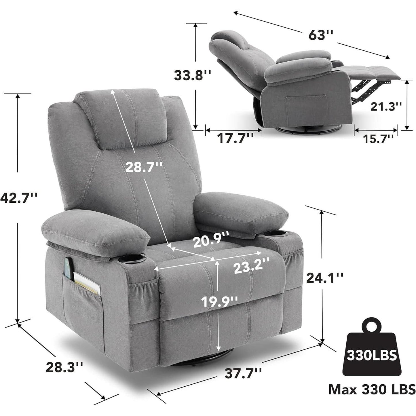 Swivel Recliner Chair With Heat Massage Function Ergonomic