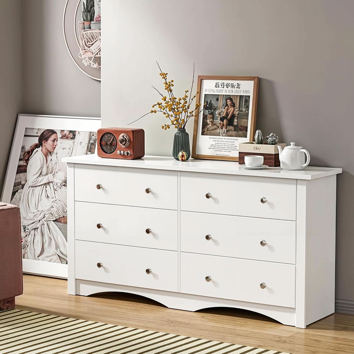 White 6 Drawer Dresser With Smooth Metal Slides Storage