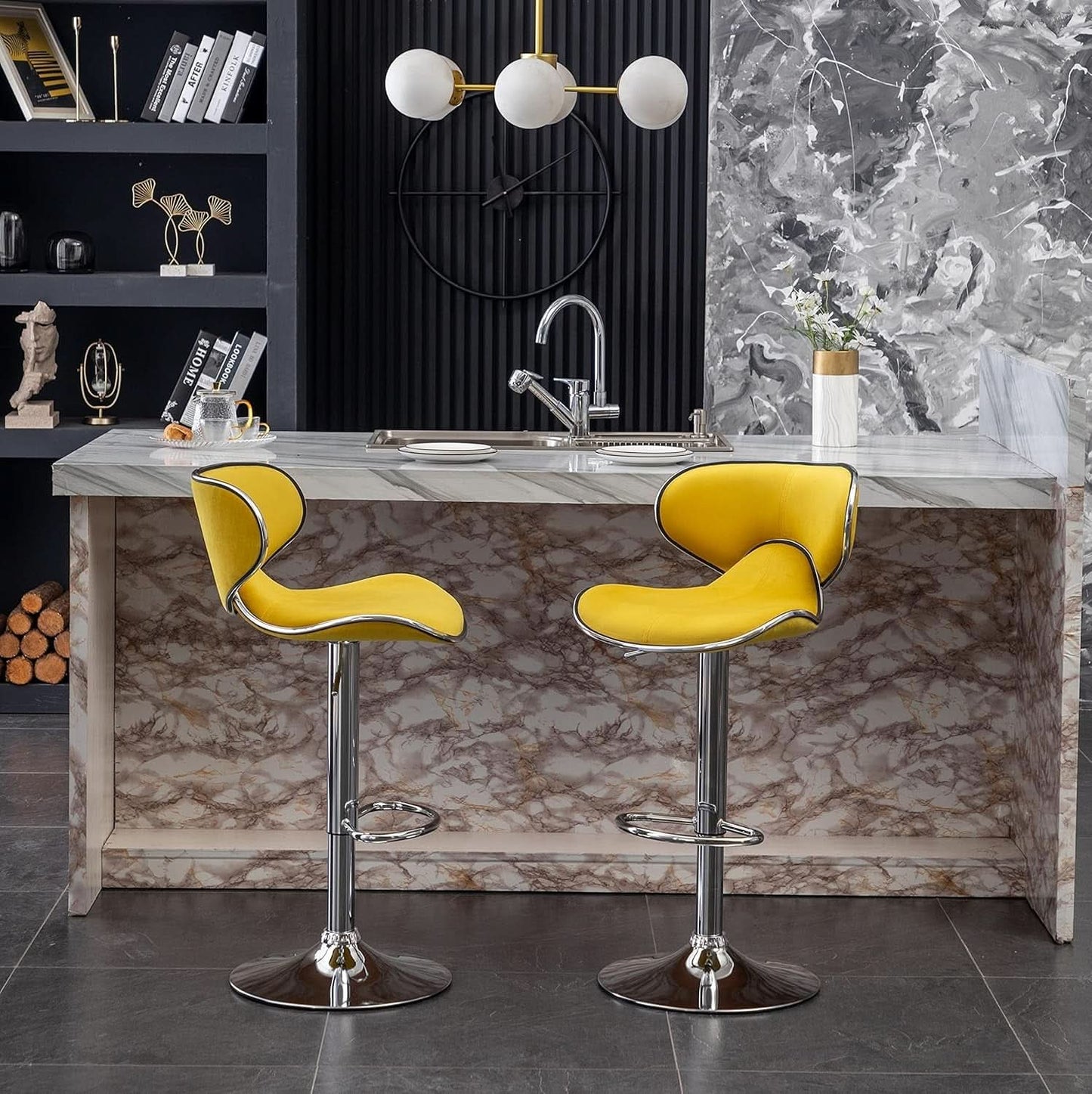 Masaccio Velvet Adjustable Swivel Bar Stool Set Of 2 Yellow