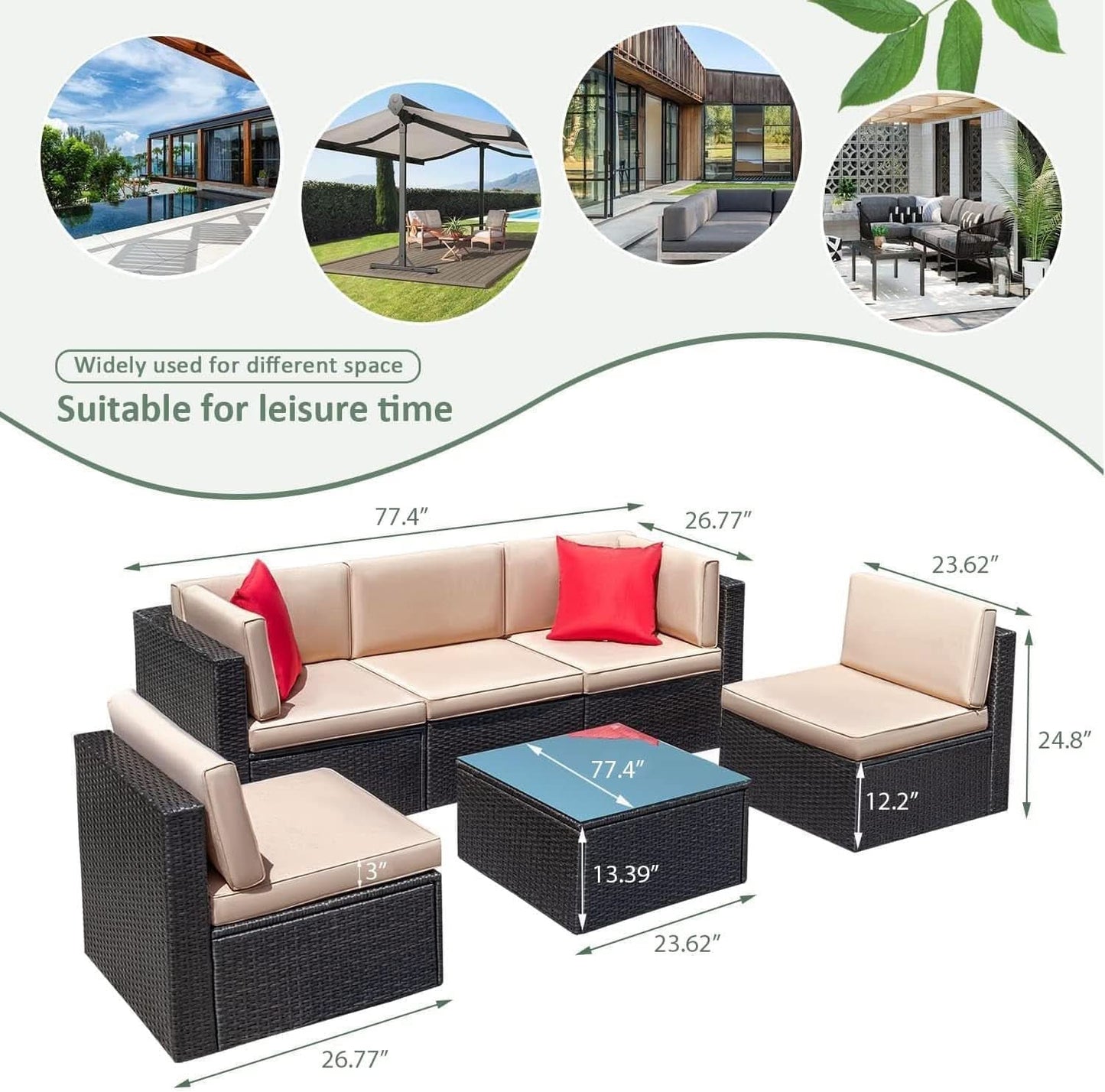 Six Piece Outdoor Rattan Sectional Sofa Set with Cushions